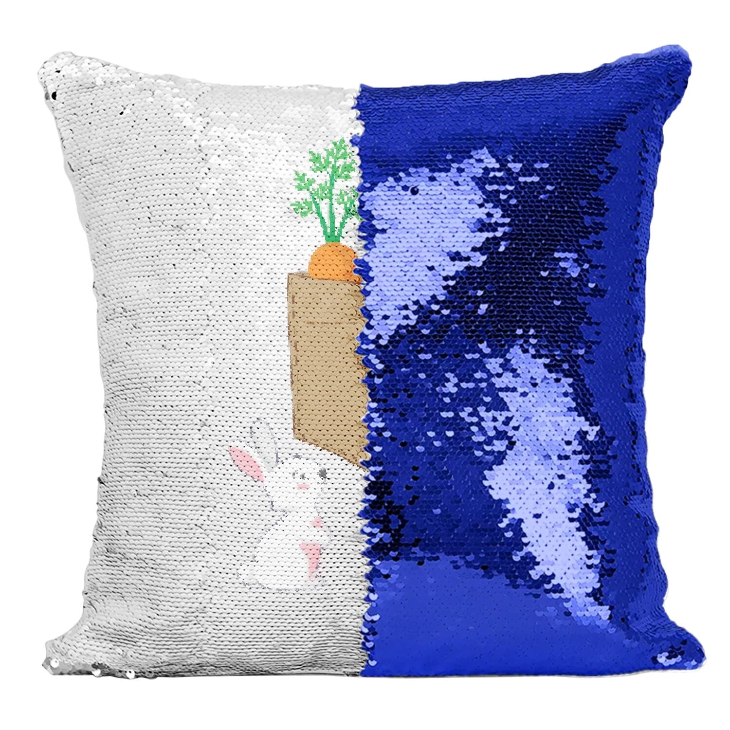 Coussin housse sequin paillettes bleu avec poche surprise dessin lapin