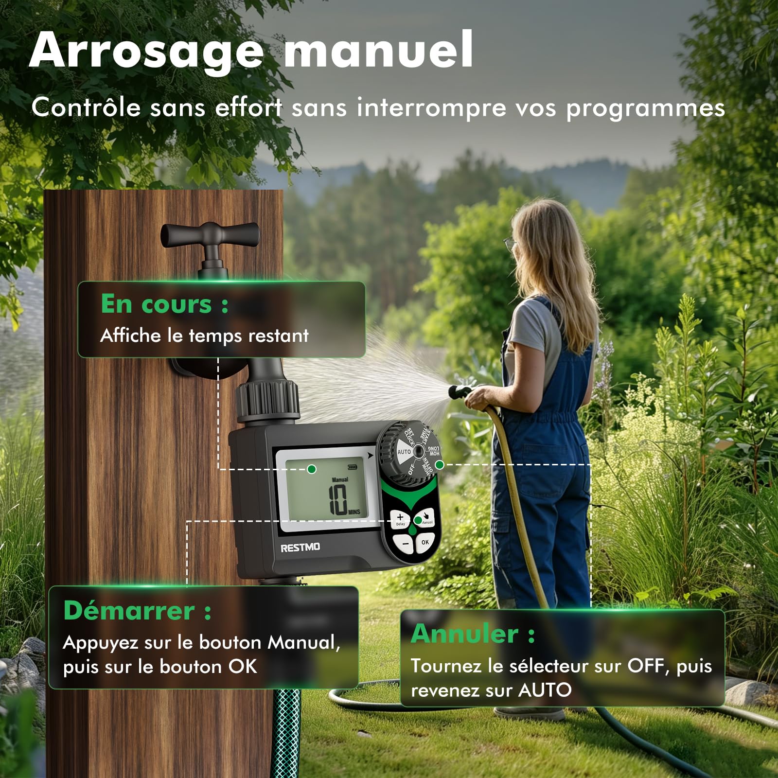 Ordenador de riego con válvula de Bola sin pérdida de presión (0-120 PSI), 2 programas de riego y retardo de Lluvia (24-72 h), Sistema de riego de jardín para barriles de Lluvia, Camas elevadas