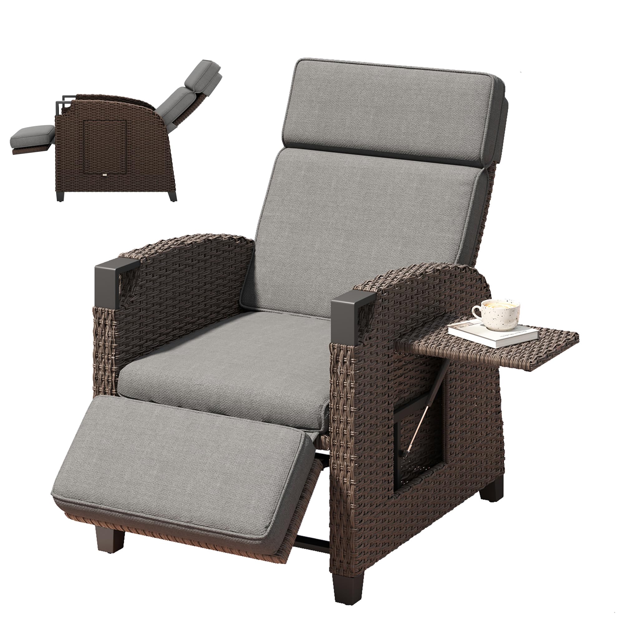 Amopatio Garden Recliner Chairs Sunlounger with 150° Adjustable Backrest & Flip Table, Outdoor Lounge Chair Rattan Sun Lounger for Patio, Yard, Balcony, Grey Cushion & Brown Wicker