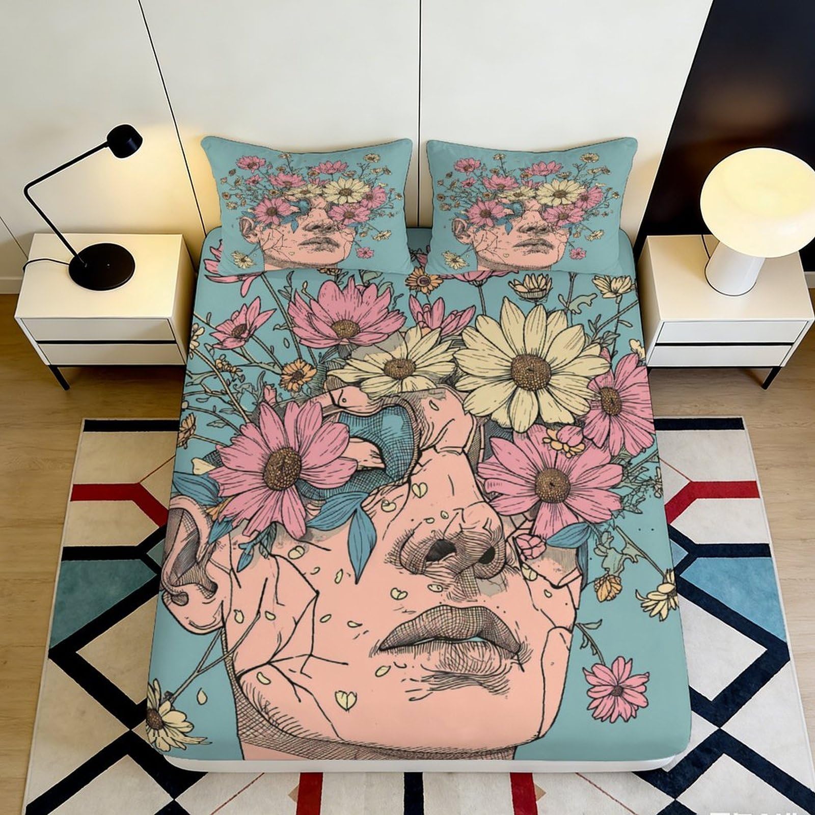 3D Printed Floral Portrait Fitted Sheet Microfiber Soft Pastel Artistic Flowers Bed Cover for Bedroom Guest Room 200x200x25cm