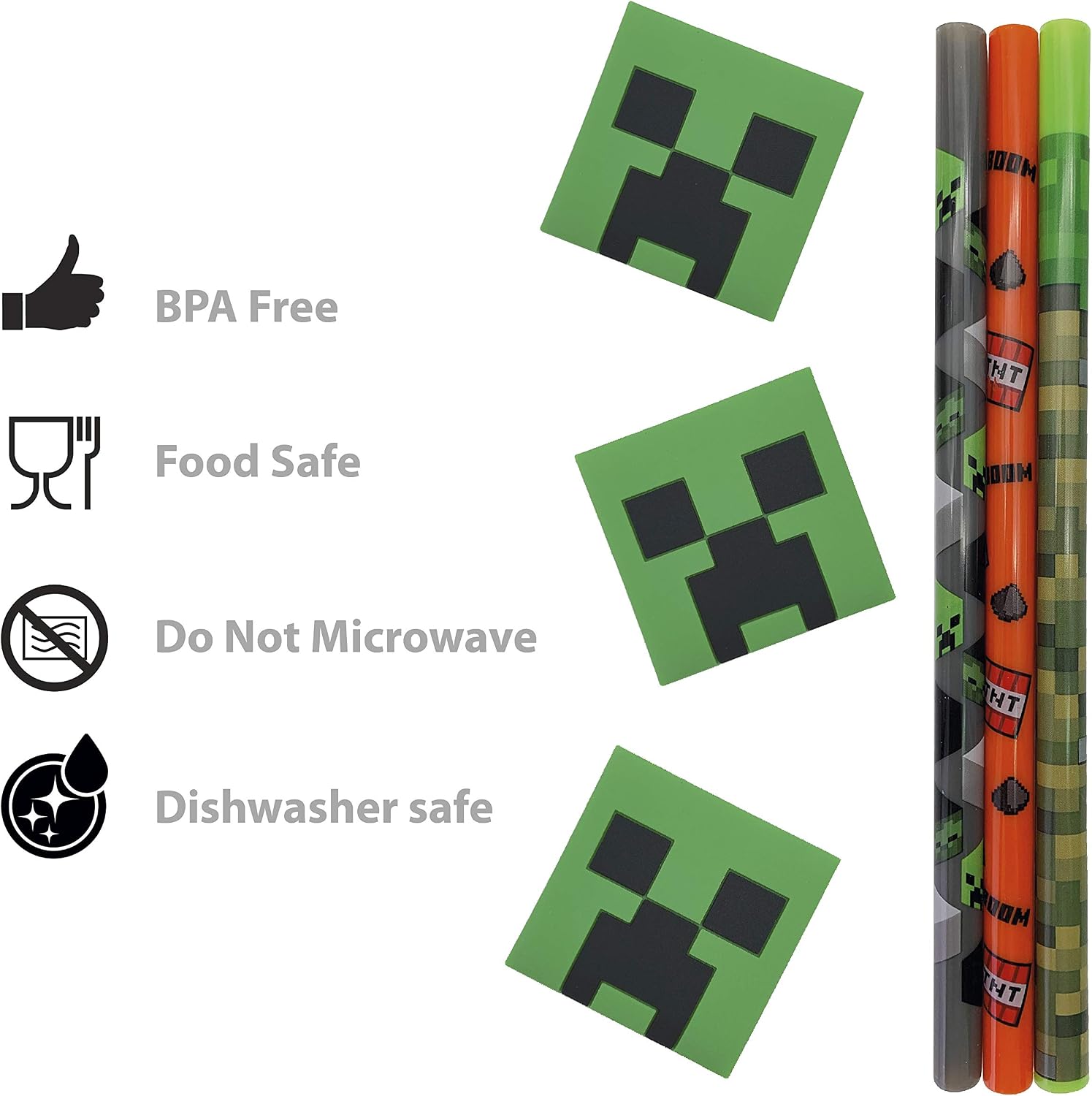 Zak Designs Minecraft Reusable Plastic Straw Bundle for Kids' Hydration Includes 30pcs Sippers and 10 pcs Character Medallion Decorations (7.8", 40 Pieces)