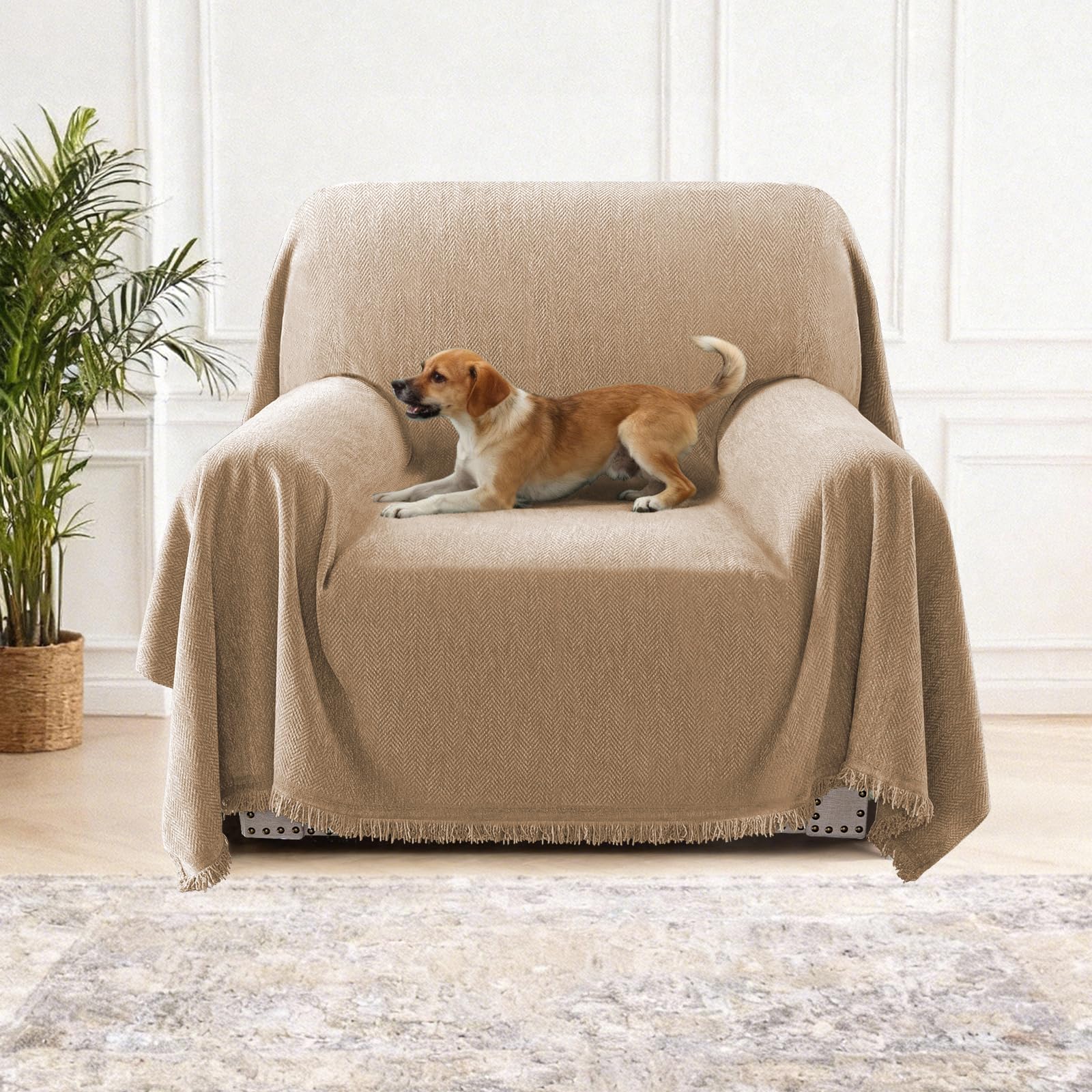 H.Versailtex Chenille Sofa Cover for 1 2 3 4 Seater, Waterproof Sofa Slipcover Sofa Protectors from Pets, All-Season Protection Couch Cover for Dogs, 180 x 230 cm, Khaki