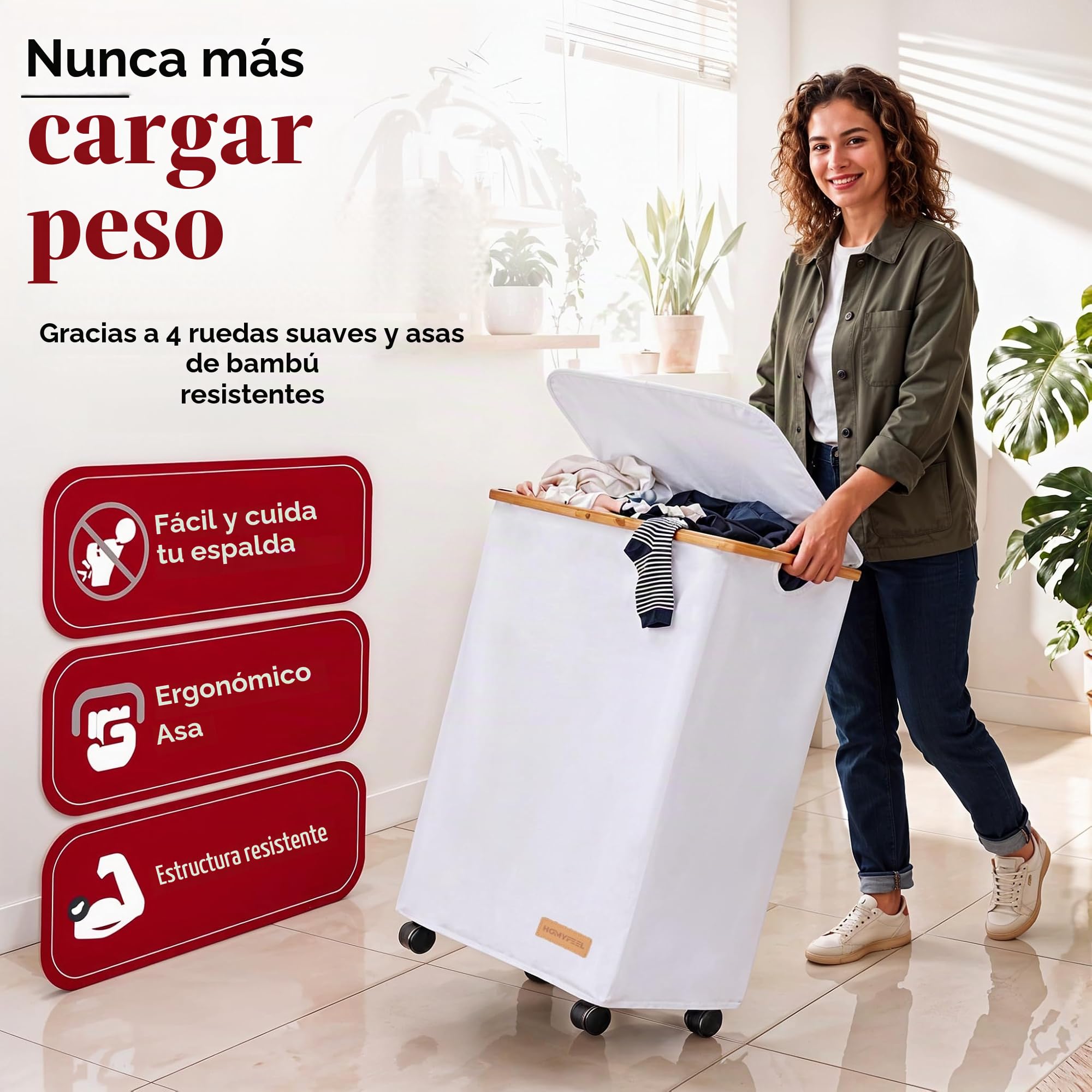 HomyFeel - Cesto para la colada con 3 compartimentos, 57 x 37,5 x 79 cm, 160 L, cesta para la ropa con tapa, bolsa de lavandería extraíble, cesta plegable de tela Oxford, cesta para la ropa con ruedas