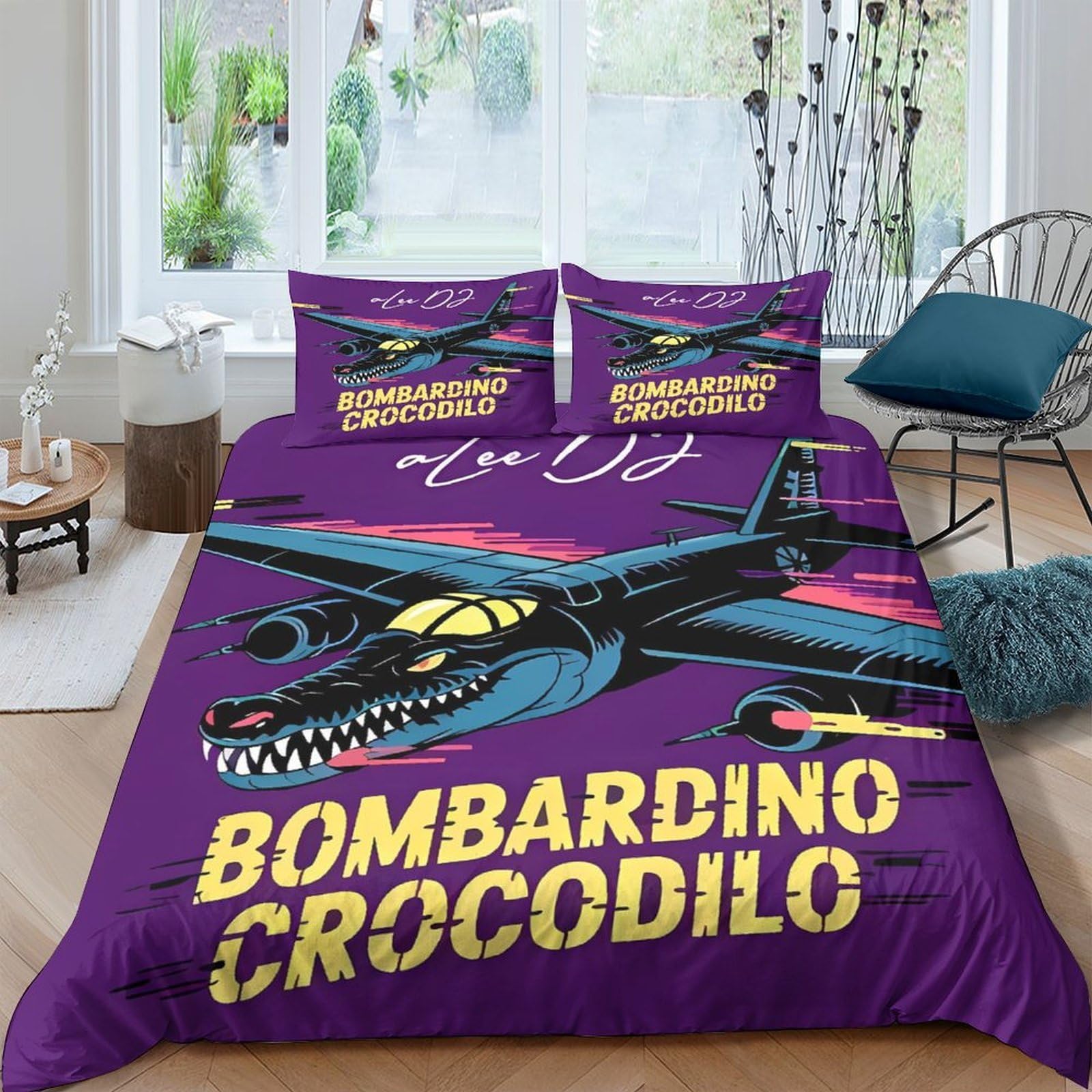 Ctjqhvkz Style-6 3D Printed Crocodile Bomber Fitted Sheet Microfiber Purple Aircraft Bed Cover For Bedroom Guest Room Dorm Mattress Protection Single（135X200cm）