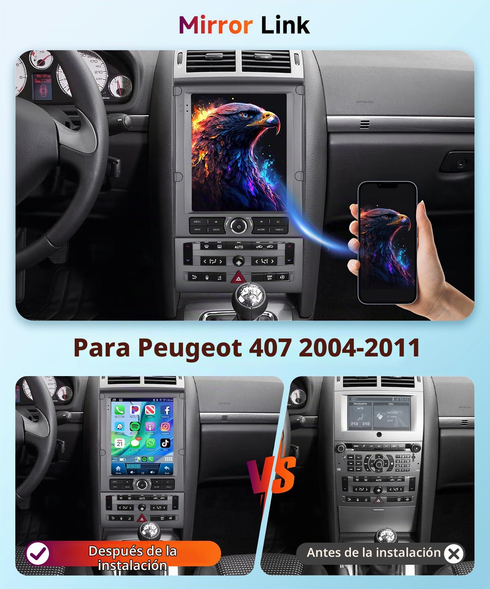 【4+64G】 Hodozzy Carplay Radio Coche para Peugeot 407 2004-2011, Pantalla Táctil de 9.7 Pulgadas con Android Auto/EQ/Mirror Link/WiFi/GPS/RDS/FM/Bluetooth/USB
