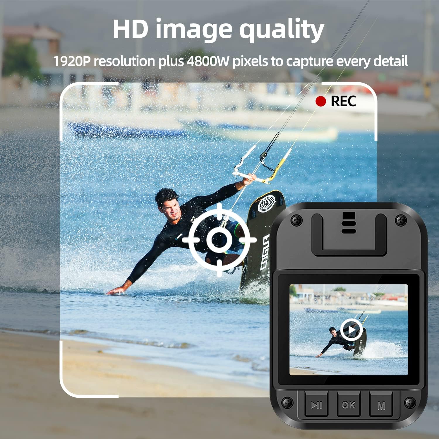 Front view of the CAMMHD H4-32G Body Camera, showing the lens, infrared lights, and control buttons.