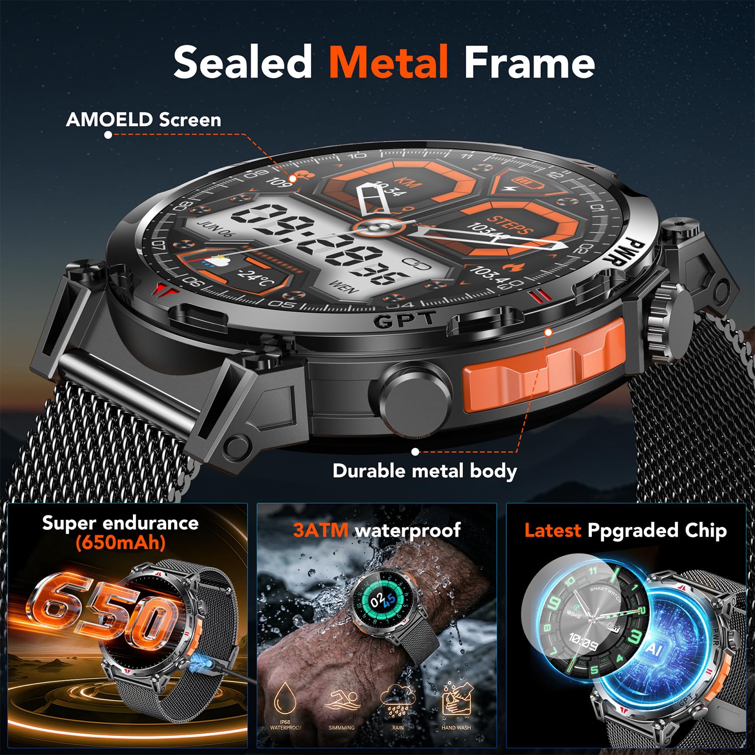 Reloj Inteligente Smartwatch Hombre con GPS: 1.7''AMOLED Pantalla Táctil Bluetooth SmartWatch con GPT Ai Esfera Brújula SpO2 Sueño Presión Arterial 100+Modo Deportivo 3ATM Impermeable Para Android iOS