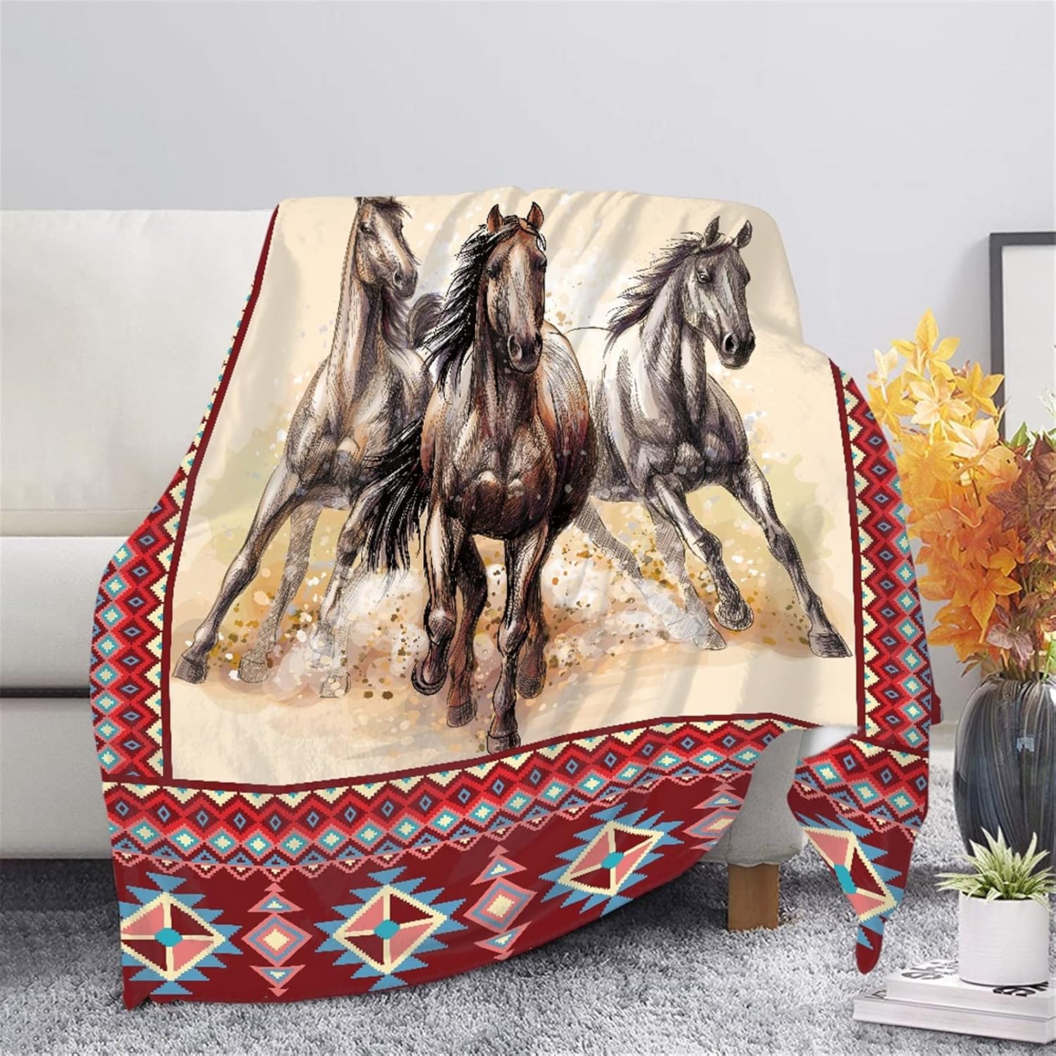 CLOHOMIN Native American Horse Animal Throw Blanket for Bed Couch Travel, Aztec Navajo Saddle Southwest Running Horses Plush Blanket Flannel Microfiber Soft Fuzzy Throw Blanket All Season fit
