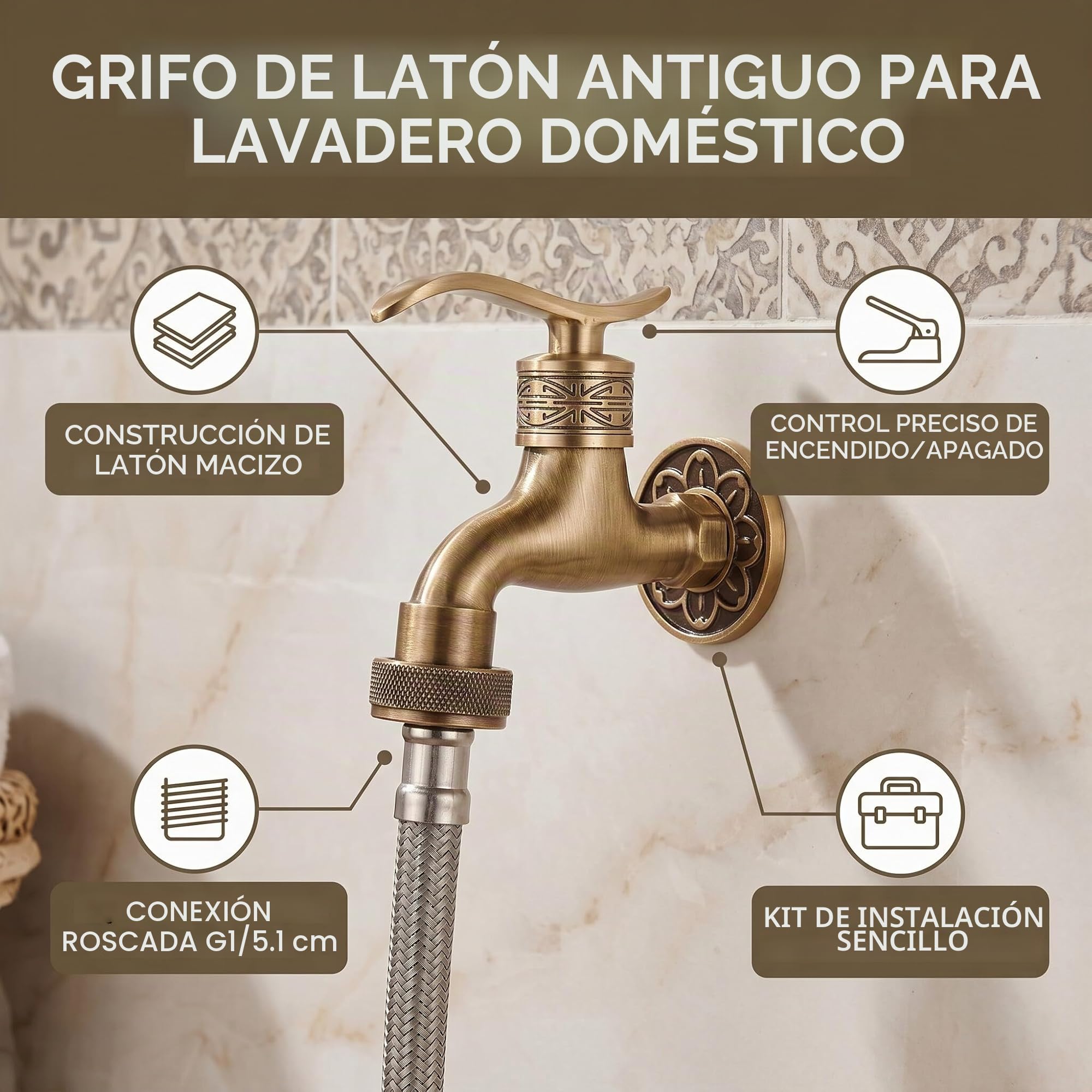 Genérico Antiguo Faucet Latón Palanca Manija Lavandería Baño Montaje En Pared Lavadora Faucet Manguera De Jardín Exterior Solo Grifo Frío Largo