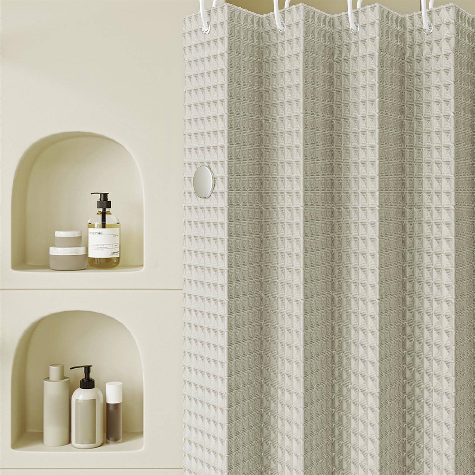 Rideau de Douche Pliable Aimantée Imperméable, Rideau de Douche en Gaufre Anti Moisissure avec Crochets Rideau de Douche Anti-éclaboussures, Beige, 100x180cm