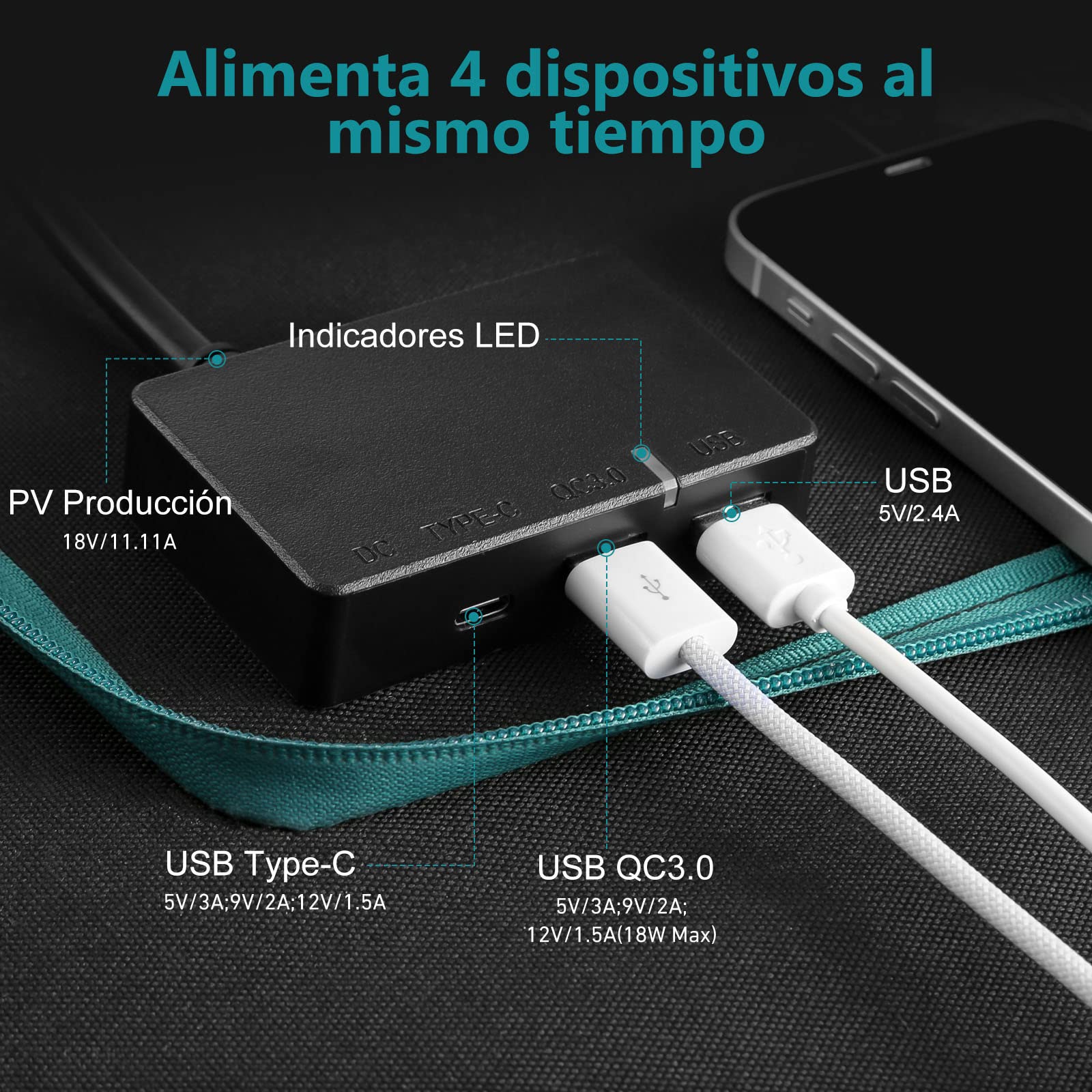 Panel Solar 200W, Placa Solar Portátil Monocristalino con USB-C 18W, Adaptadores XT60 Anderson DC5521, Soportes Ajustables para Estación de Energía Exteriores Camping RV