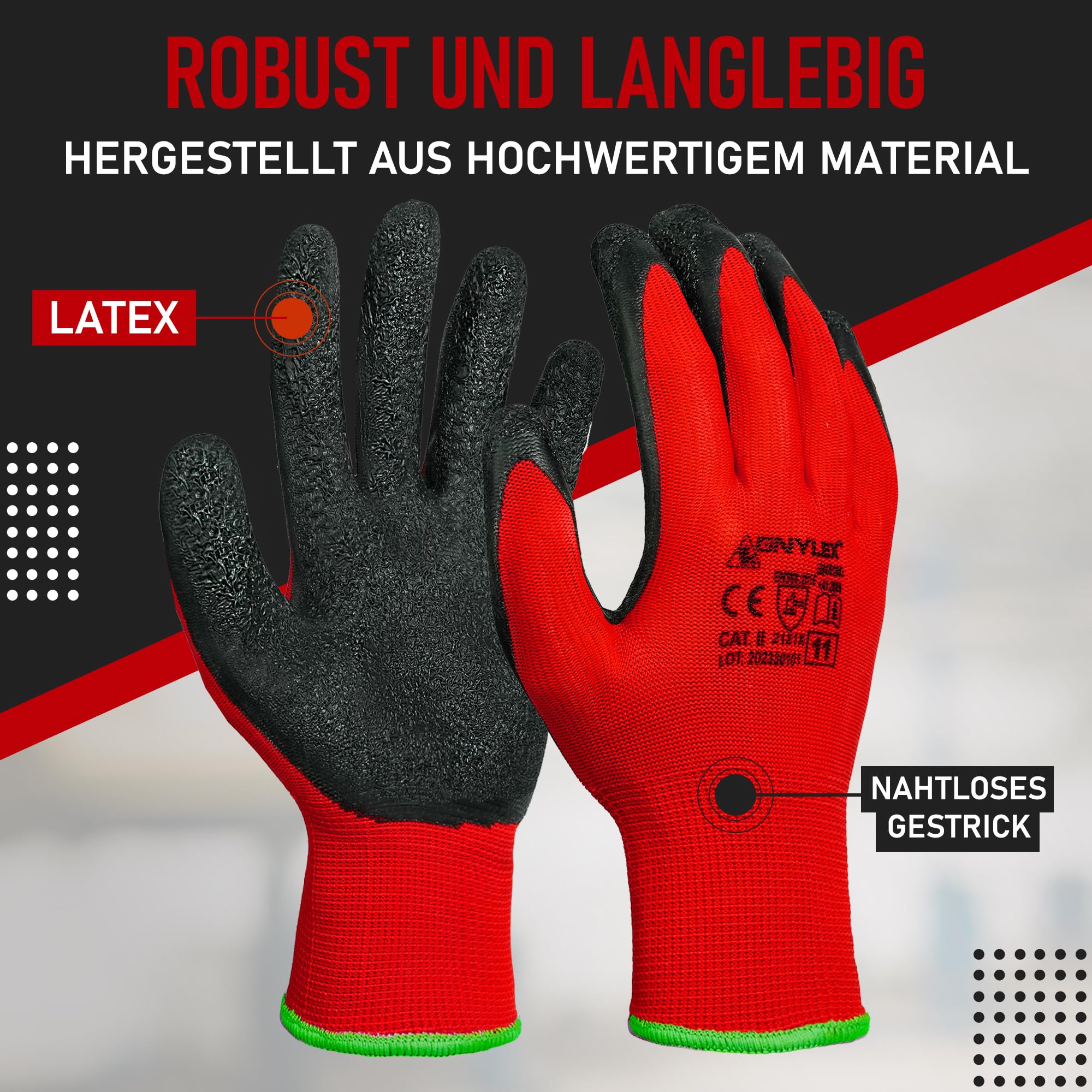 12 Paar Abriebfest Arbeitshandschuhe Herren - Gartenhandschuhe und Montagehandschuhe mit Latexbeschichtung - Werkstatt Schutzhandschuhe Mechaniker Handschuhe - Größe 10-XL