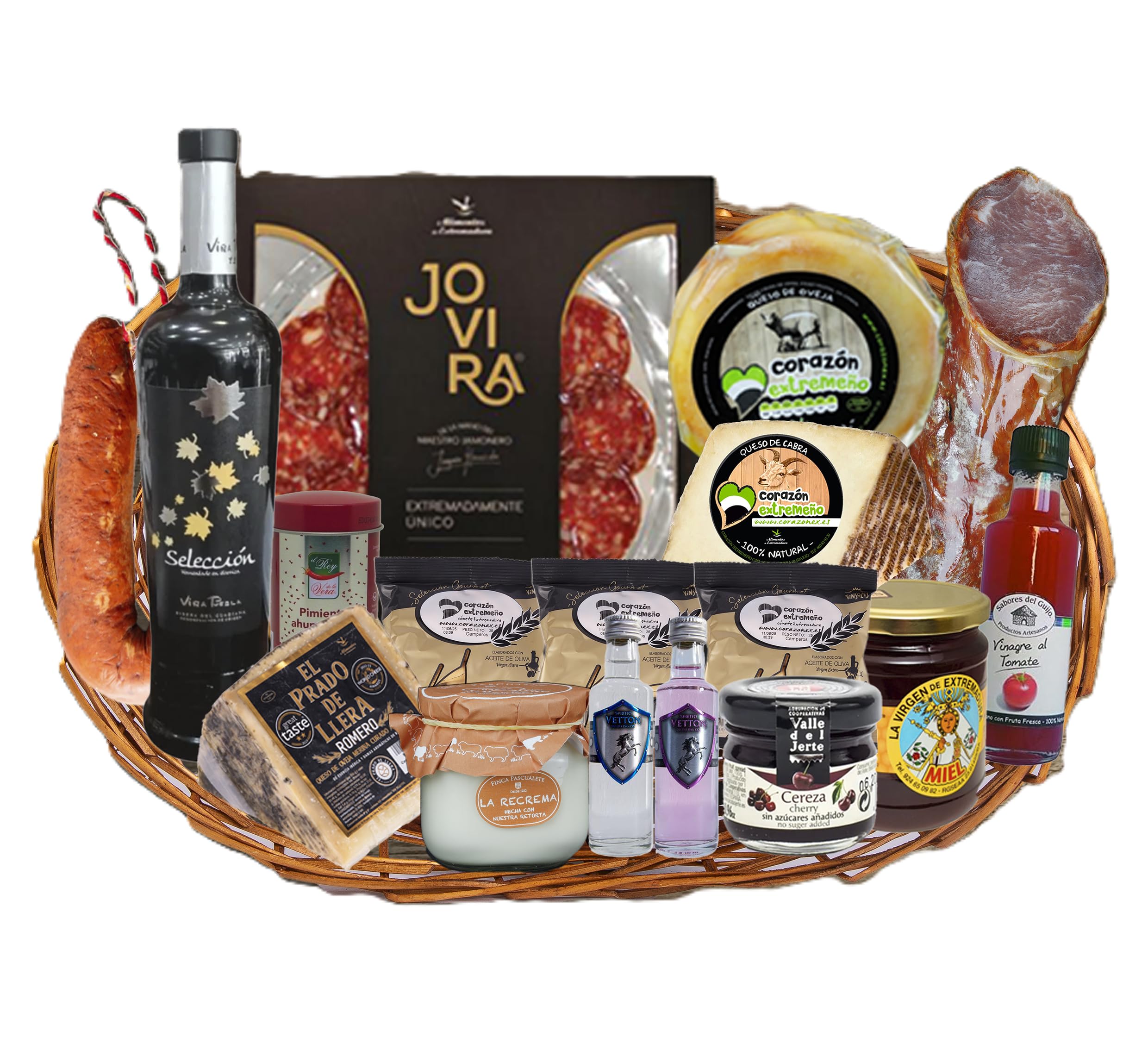 Cesta Gourmet Ambroz Vino Tinto Morcilla Patatera Ibérica Caña Cabecero de Lomo Quesos de Oveja Cabra Recrema de Queso Pimentón Mermelada Miel Mini Ginebras y más - CORAZON EXTREMEÑO