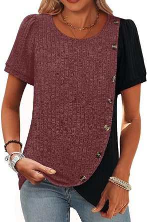MixShe Womens Ribbed Knit Tops Short Sleeve Color Block Button Pullover Casual Crewneck Tunic Shirts