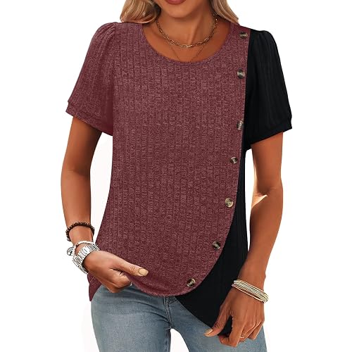 MixShe Womens Ribbed Knit Tops Short Sleeve Color Block Button Pullover Casual Crewneck Tunic Shirts