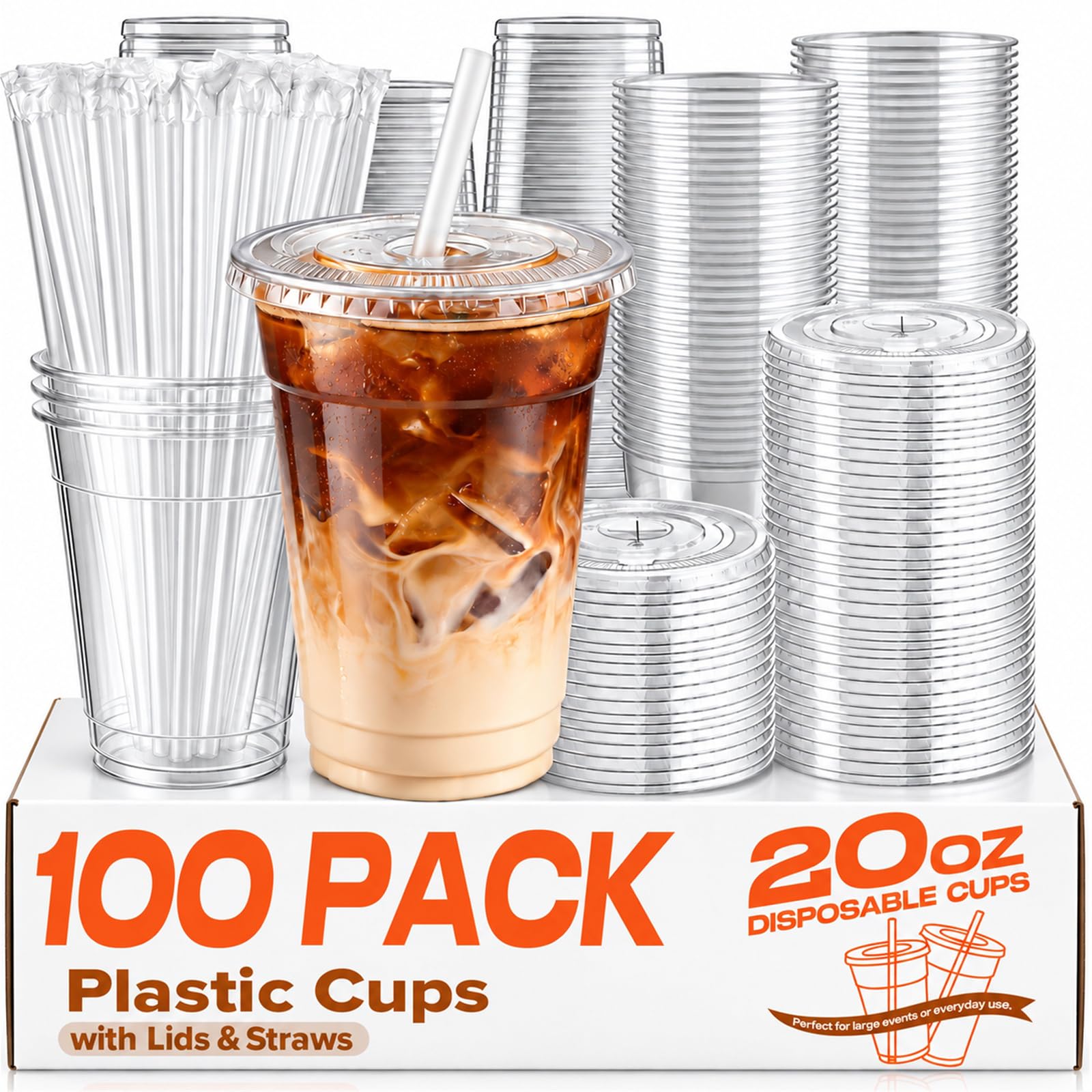 PODJULFA 100 Pack 20oz Disposable Plastic Cups with Lids and Straws | BPA-Free,Heavy Duty,Leak-Resistant,To Go,for Iced Coffee,Cold Drink,Smoothie,Matcha,Juice,Dirty Soda,Party,Medium Size