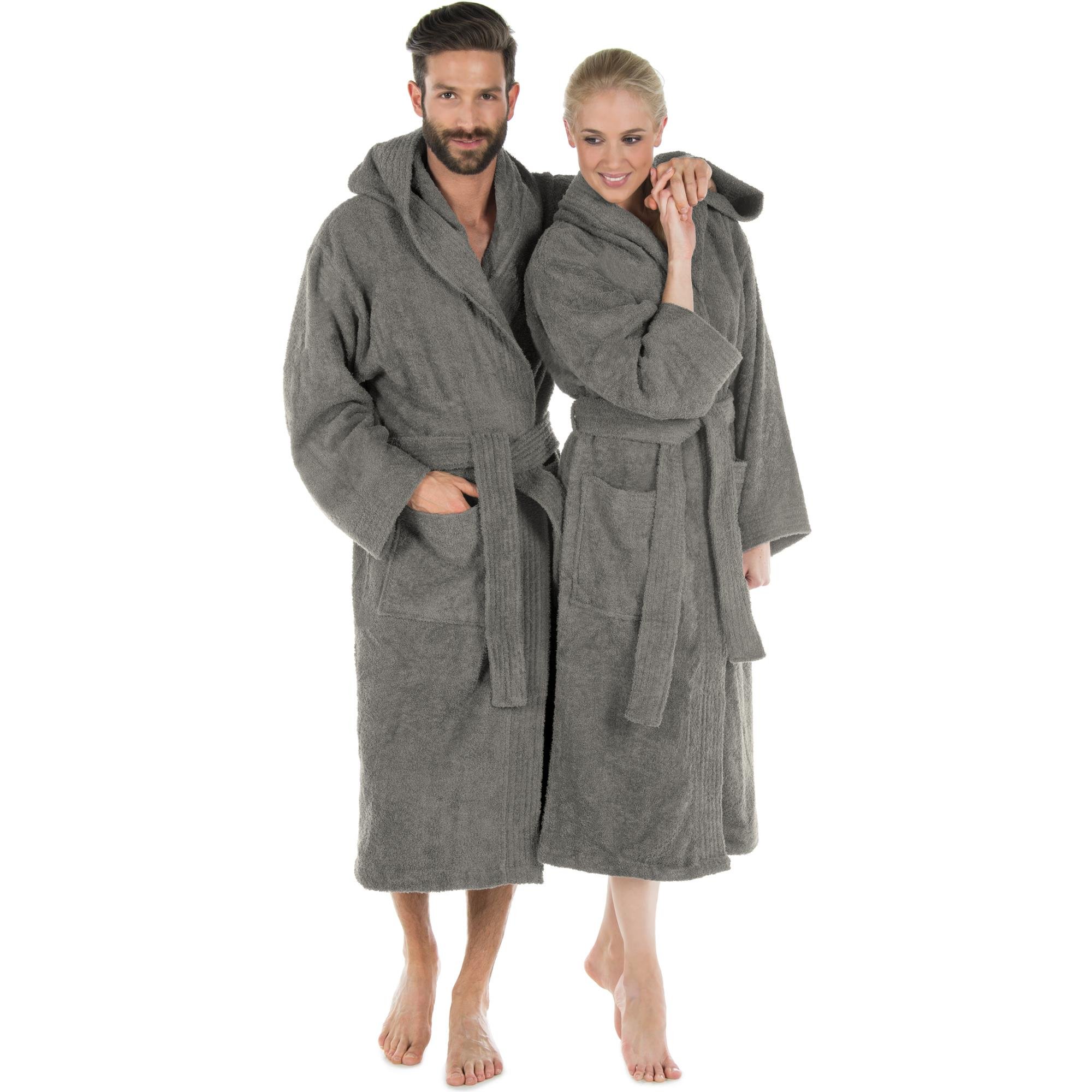 CelinaTex Terry-cotton bathrobe with hood cotton, sauna robe for men and women, quality dressing gown with Eco-Tex, montana uniwalk robe series, Cotton, dark grey, Large