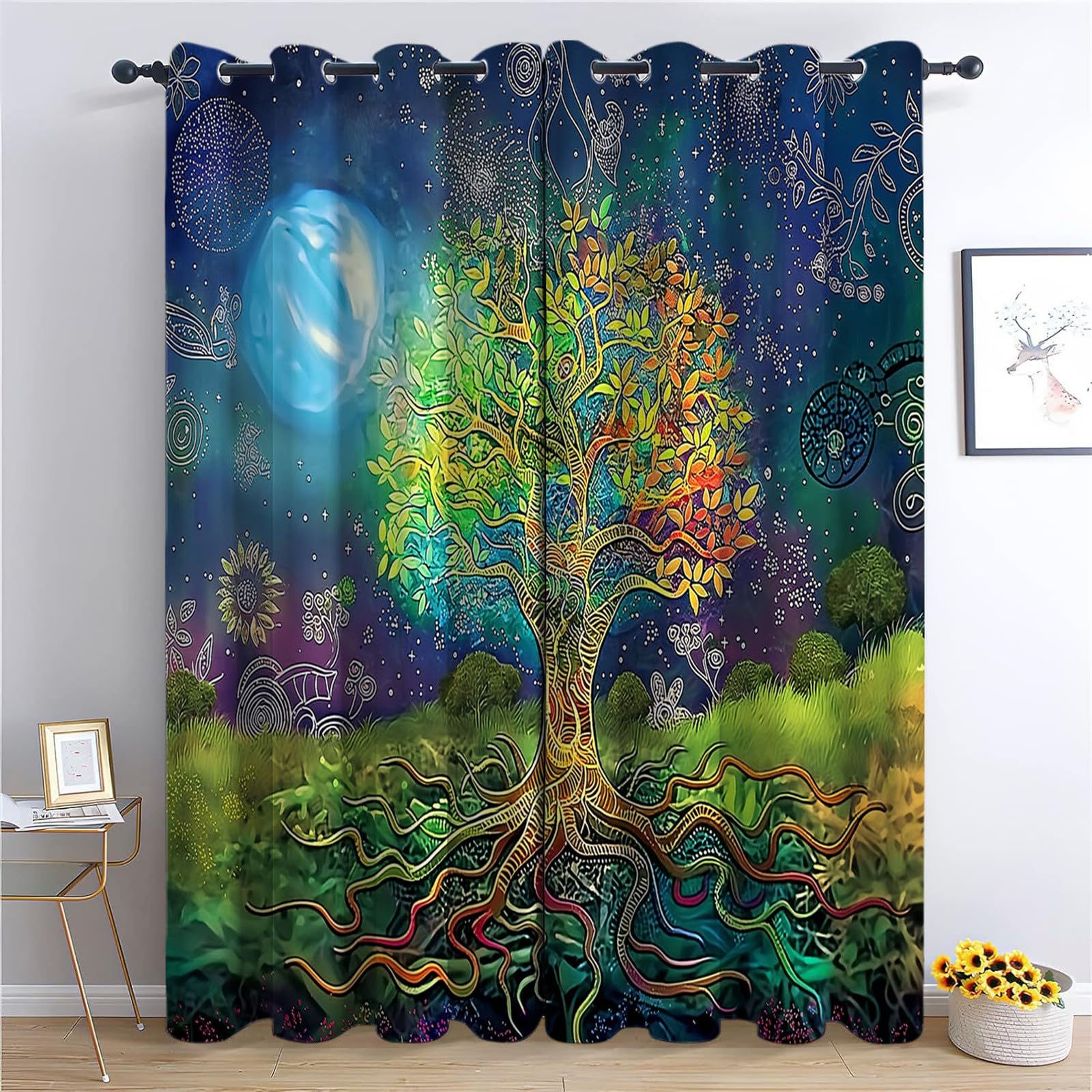 Colorful Curtains Eyelet Blackout Thermal Insulated Curtains, Dreamy Color Tree Of Life Print Soft Soundproof Privacy Window Drapes, for Bedroom Living Room W 36" x L 84" x 2