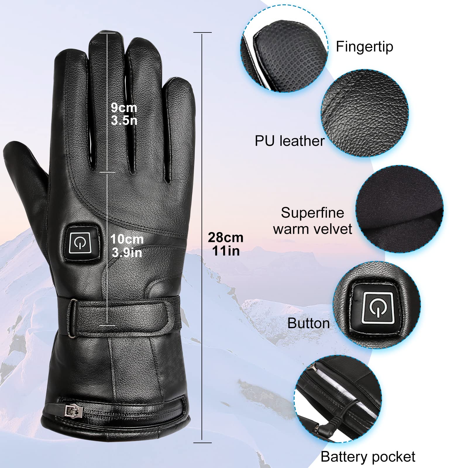 Beheizbare Handschuhe mit 7.4V 4000mAh Akku mit Großer Kapazität, Damen Herren Wasserdicht Winterwarme Handschuhe mit 3 Stufen Temperaturregler für 