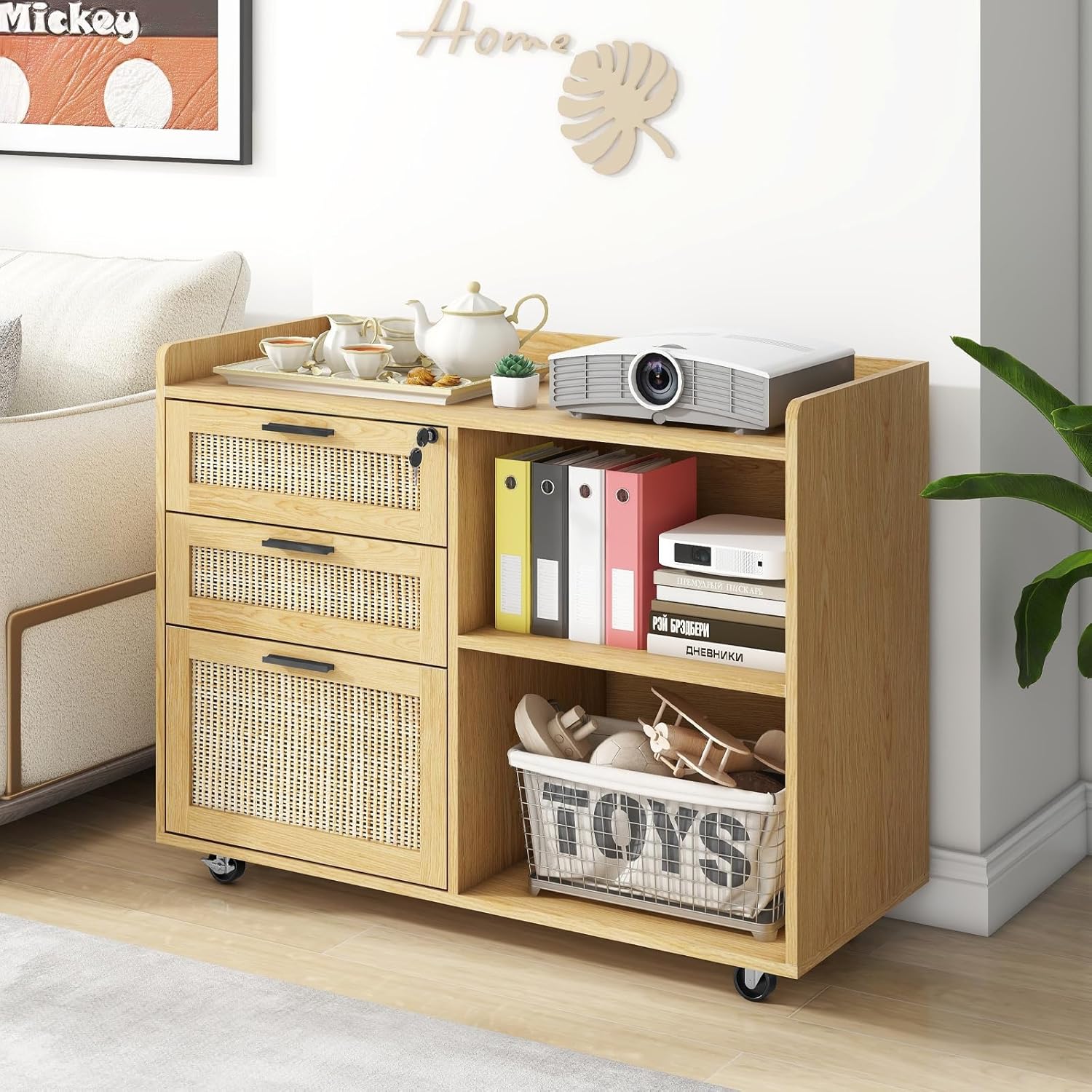 Vabches 3 Drawer Mobile File Cabinet, Wood Lateral Filing Cabinet with Lock Printer Stand with Open Shelves for Home Office Lateral File Cabinet for Hanging Files Letter/A4/Legal Size