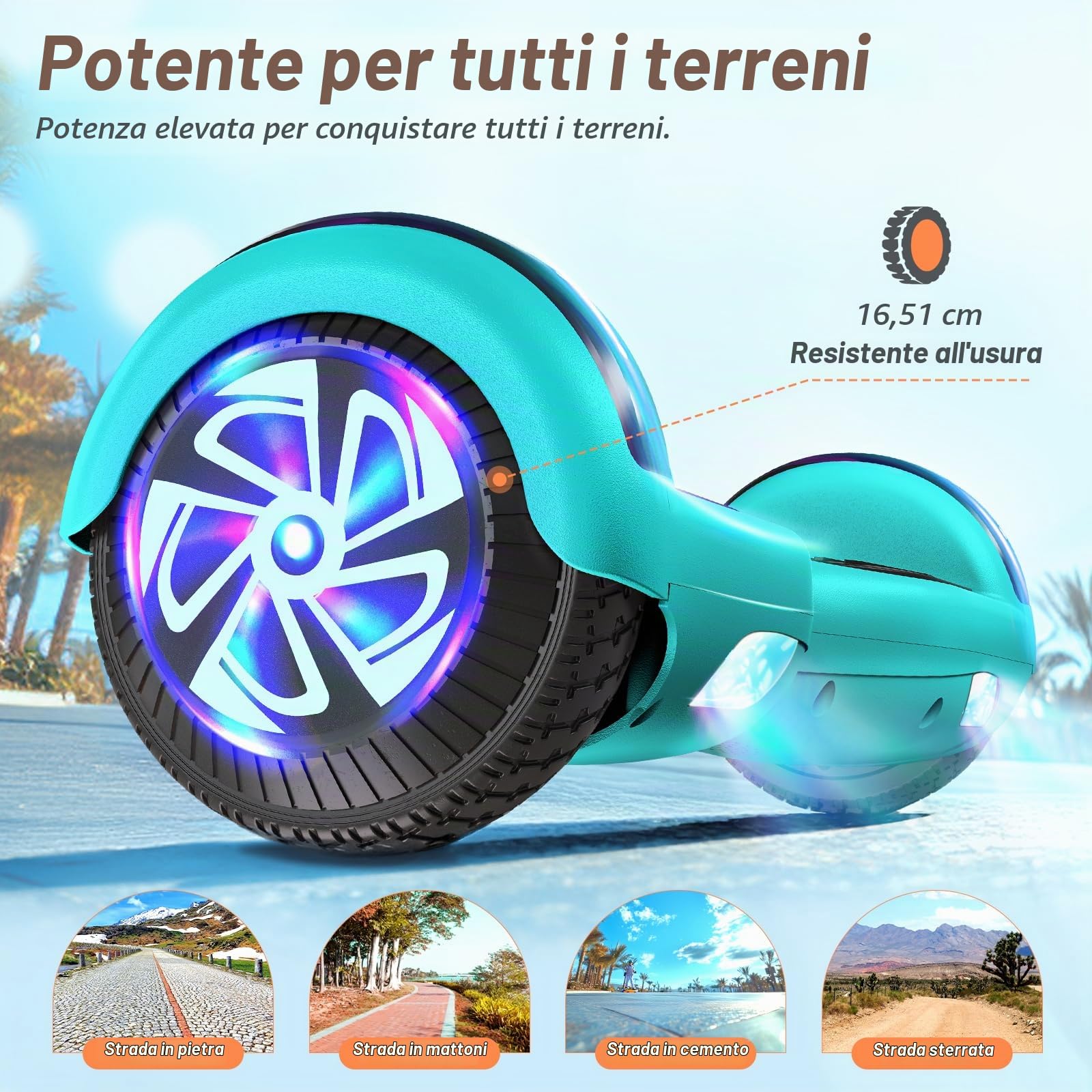 Hoverboard 6,5 pollici Overboard, hoverboard fuoristrada Gyropod, scooter elettrico autobilanciato con Bluetooth e LED per bambini e adulti
