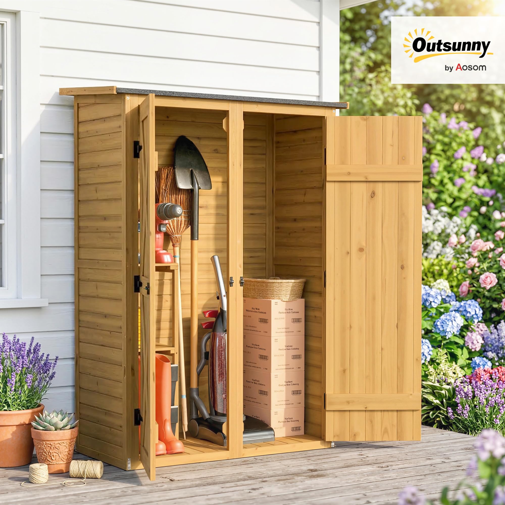Outsunny Armadio da Giardino in Legno di Abete con 2 Ripiani, Casetta Attrezzi Giardino con Doppia Porta e Chiavistelli, Tetto Inclinato, Capanno Porta Attrezzi per Esterno 115x53x156 cm Marrone