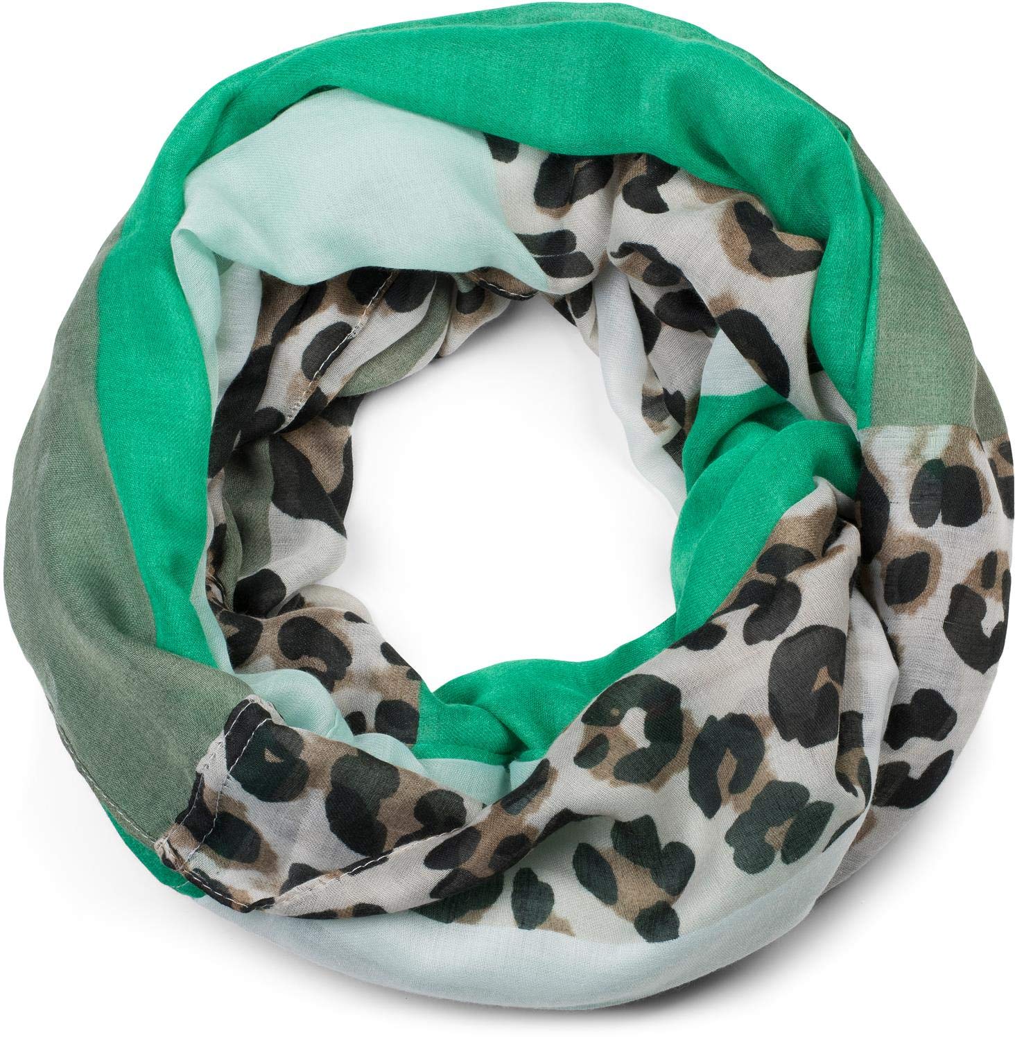 styleBREAKER women tube scarf with leopard animal print pattern and colour blocking patches, snood, shawl 01016182, Colour:Green-Mint