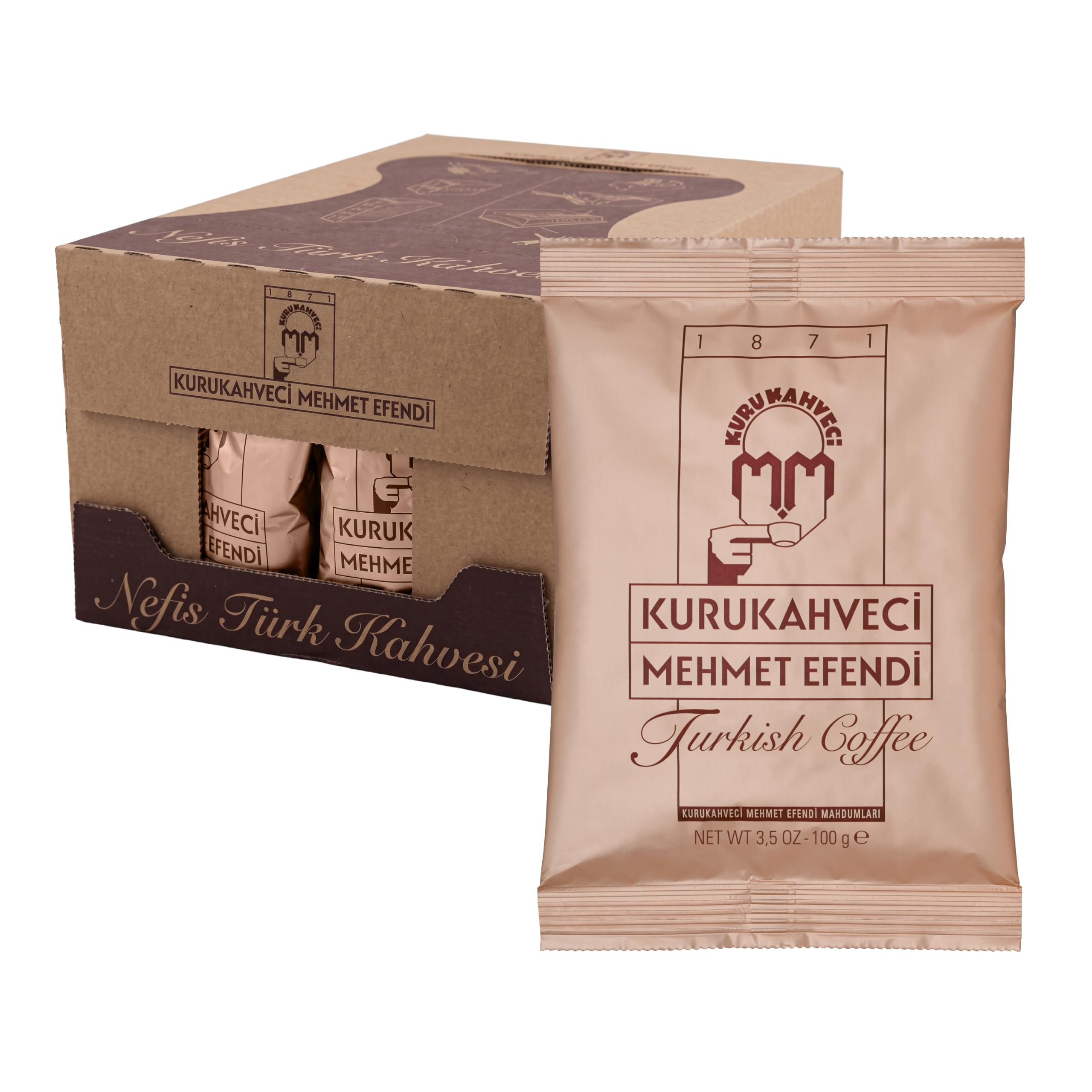 KURUKAHVECI MEHMET EFENDI Café turco, 100% arábica, café molido finamente tostado para cezve, rico aroma, medio, tradición desde 1871, 3.52 oz / 100 g, paquete de 25