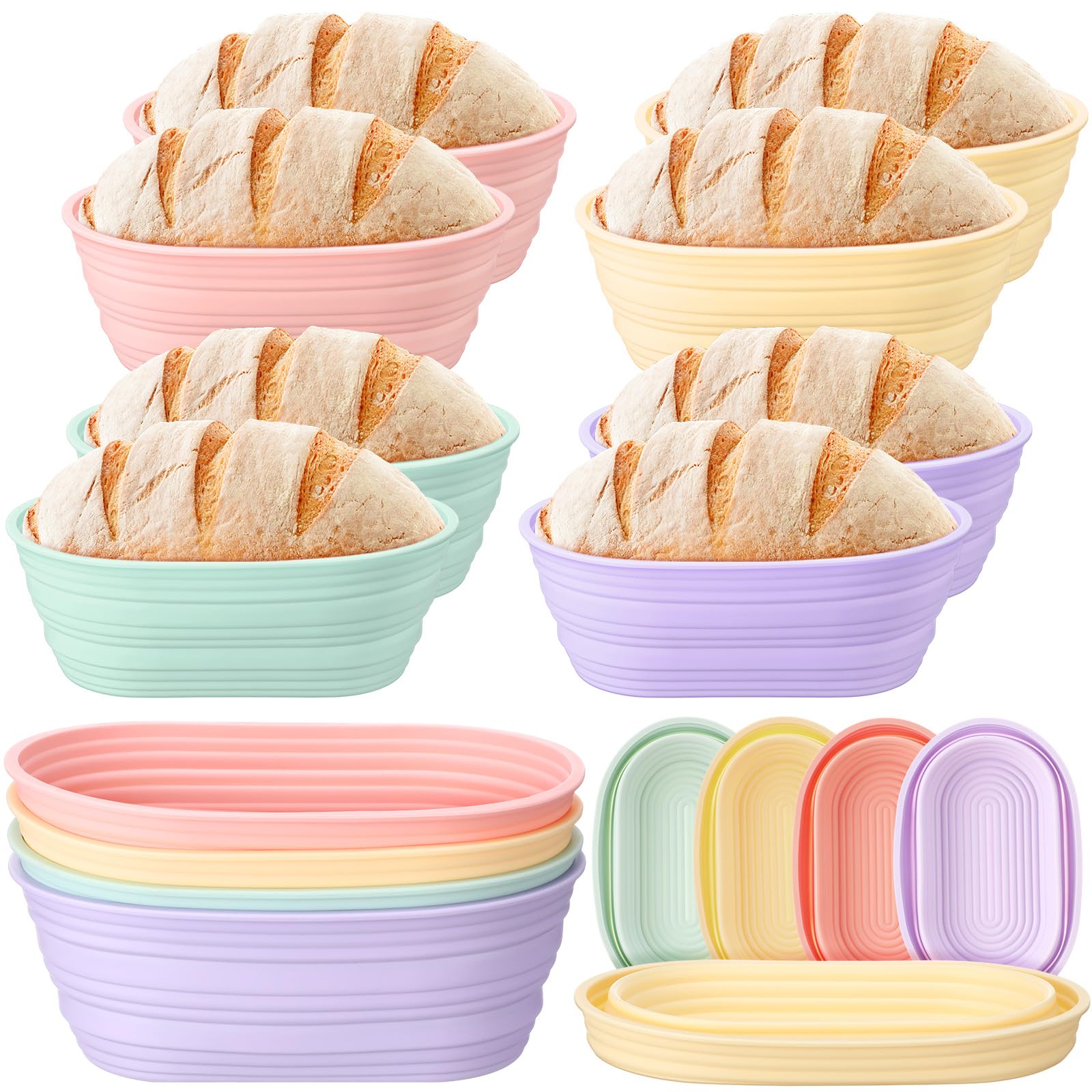 Honeydak 8 Stück Silikon-Brot-Gärkörbe, 25,4 cm, ovaler Banneton-Korb, zusammenklappbar, Sauerteig-Backzubehör, antihaftbeschichtet, rund, Teig, Behälter, ofenfest für die Brotherstellung