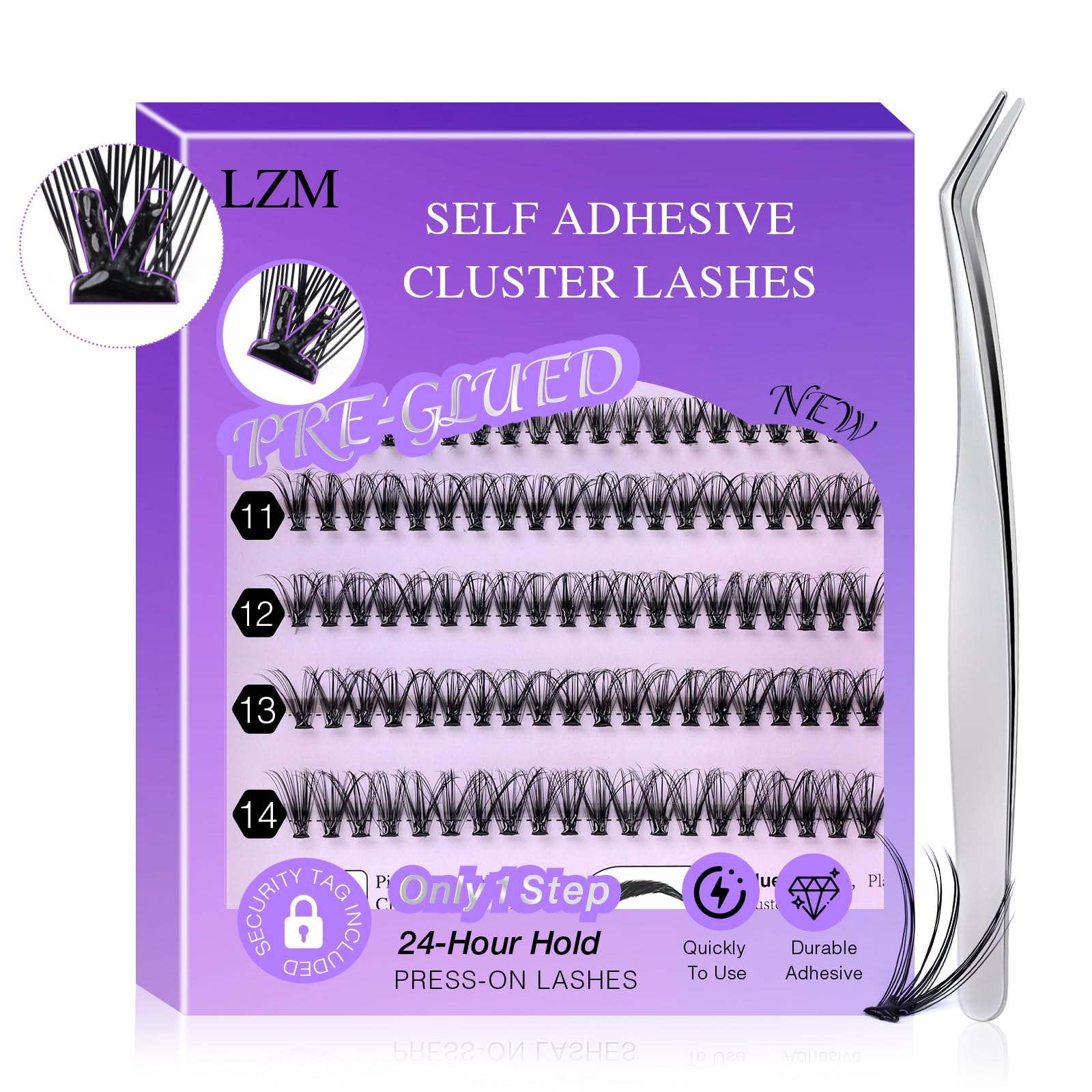 LZM Selbstklebende Wimpern Kit - Vorgeklebte Wimpernbüschel Flauschiges D Curl Einzelwimpern 9-14mm Kein Kleber Kein Entferner benötigt DIY Wimpernverlängerung Kit (30D)