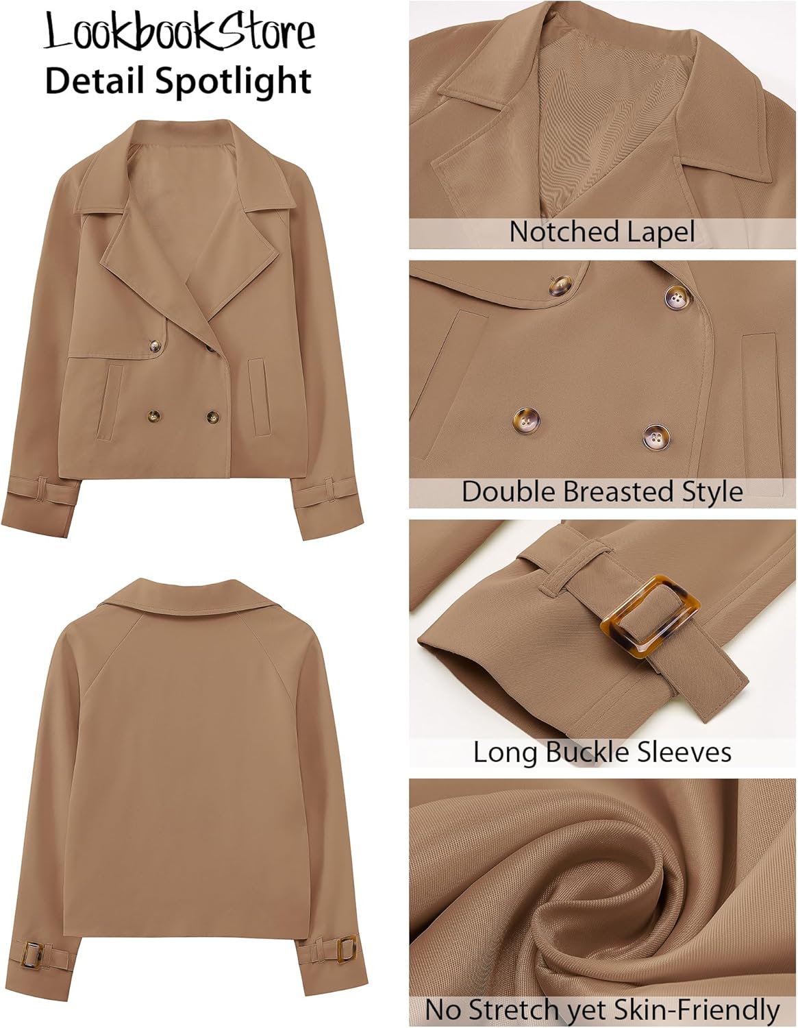 LookbookStore Cropped Trench Coat for Women Double Breasted Long Sleeve Work Office Business Casual Fall Short Jackets - Image 4