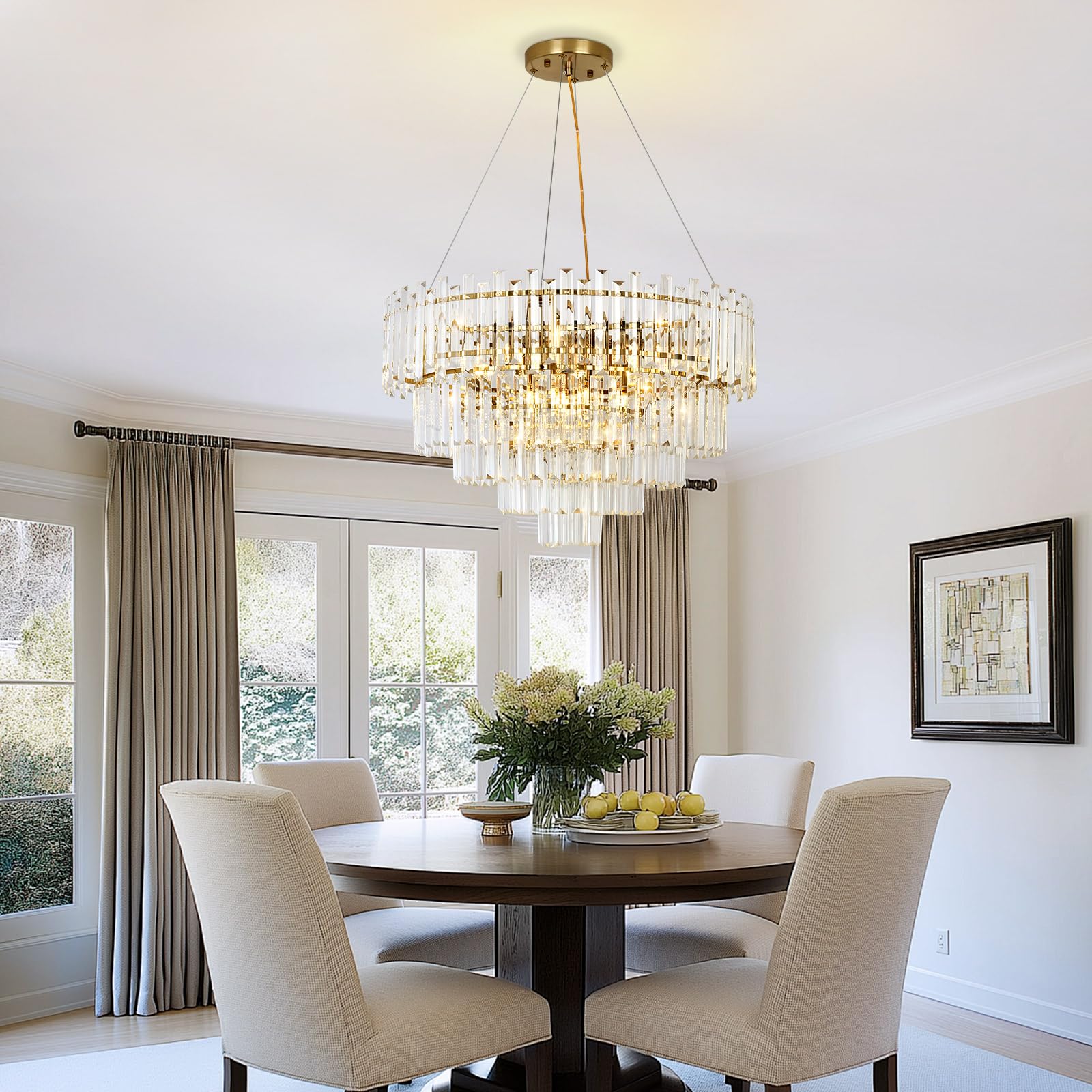 Moderne Gold Kristall Kronleuchter, Runde Pendelleuchte aus klarem Kristall für Esszimmer, Wohnzimmer, Schlafzimmer & Restaurant, E14 x 8, Φ60 cm