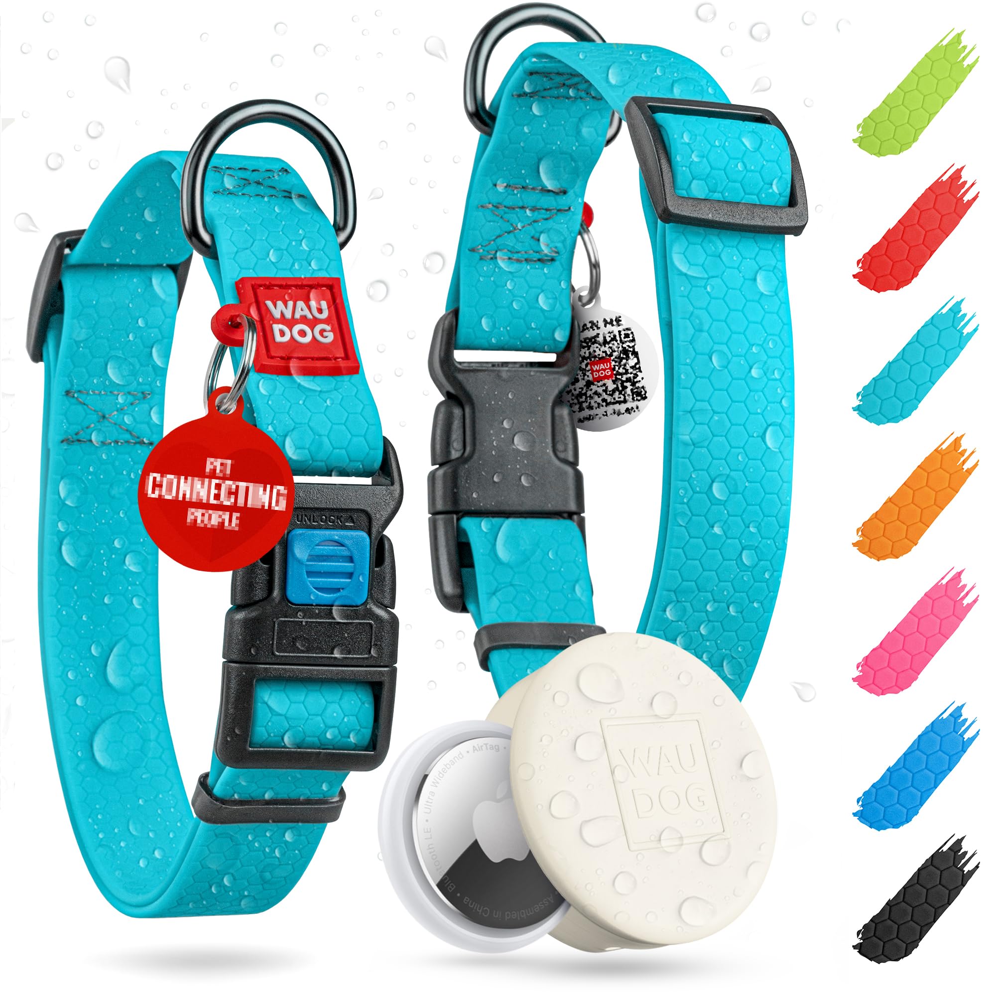 WAUDOG Waterproof Dog Collar - Adjustable Dog Collar with Air Holder and QR Dog Tag for Large Dogs, Small and Medium Dogs