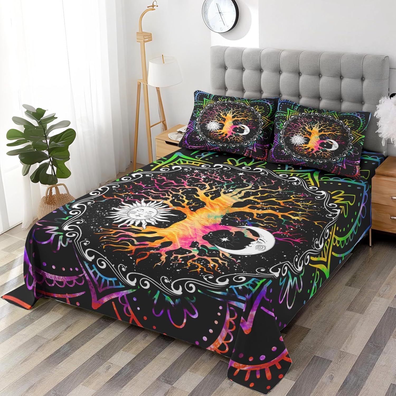 WeCozy Twin Size Bed Sheet Sets with Pillowcases, Astrology Zodiac Tree of Life 3 Pcs Soft Microfiber Bedding for Kids and Adults, Sun and Moon Flat, Fitted Sheet for Bedroom Bed Decor