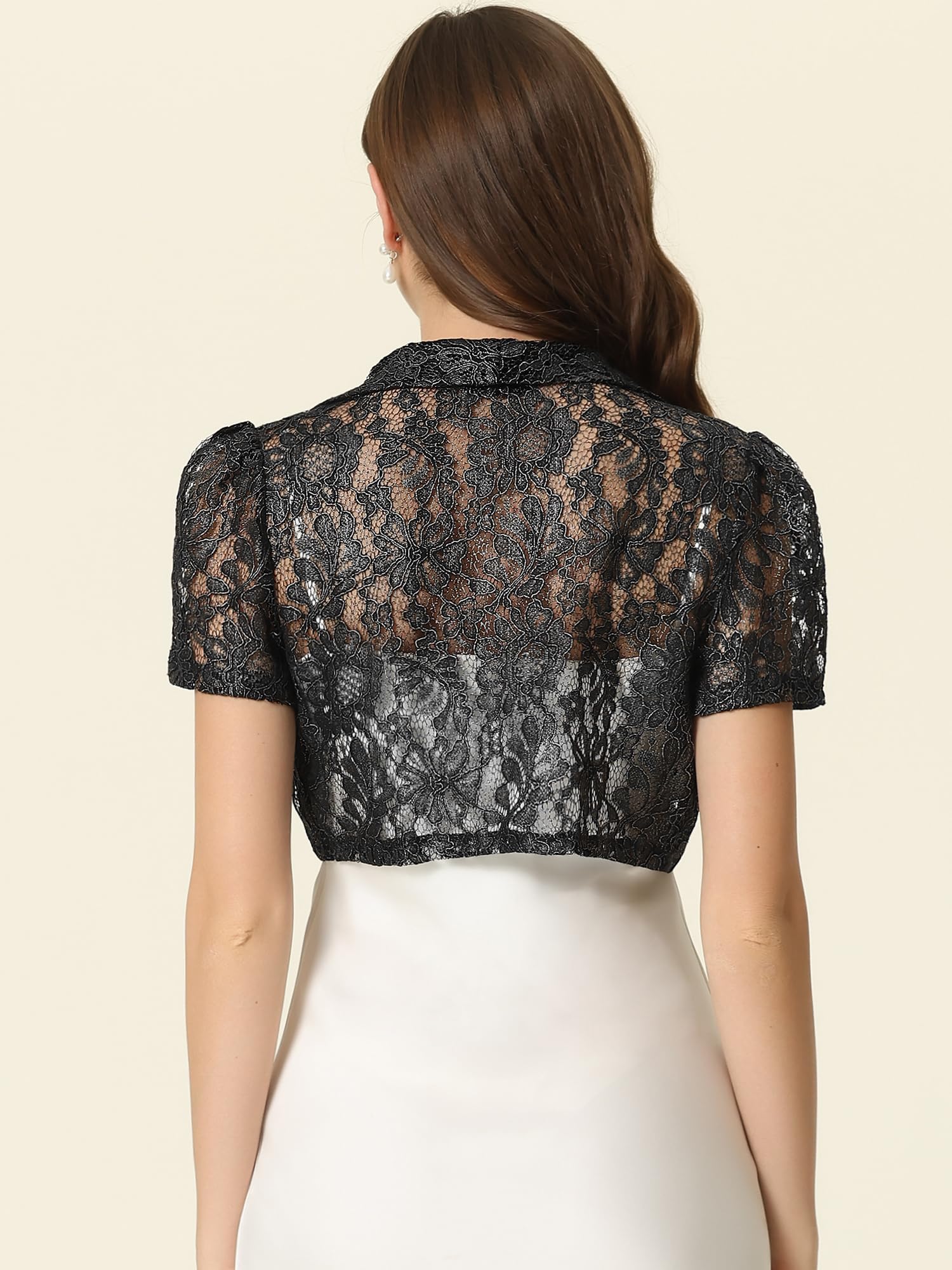 Allegra K Boléro élégant en dentelle florale pour femme - Pour le travail, les invités de mariage, noir, X-Large