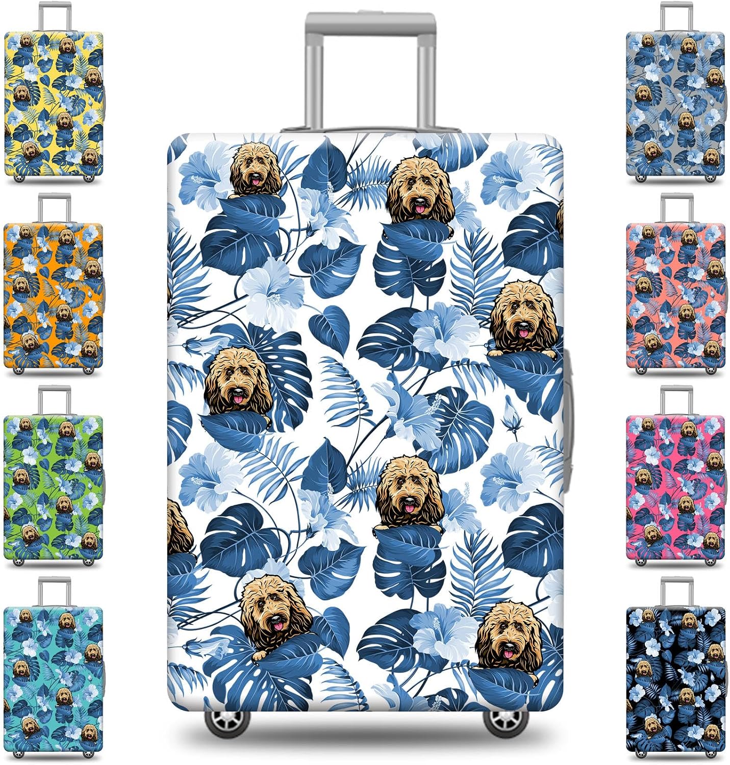 Custom Hawaiian Tropical Suitcase Cover Goldendoodle Travel Luggage Cover 4 Size 17 Color Options, Funny Animal Blue Leaves Floral Aloha Washable Suitcase Protector