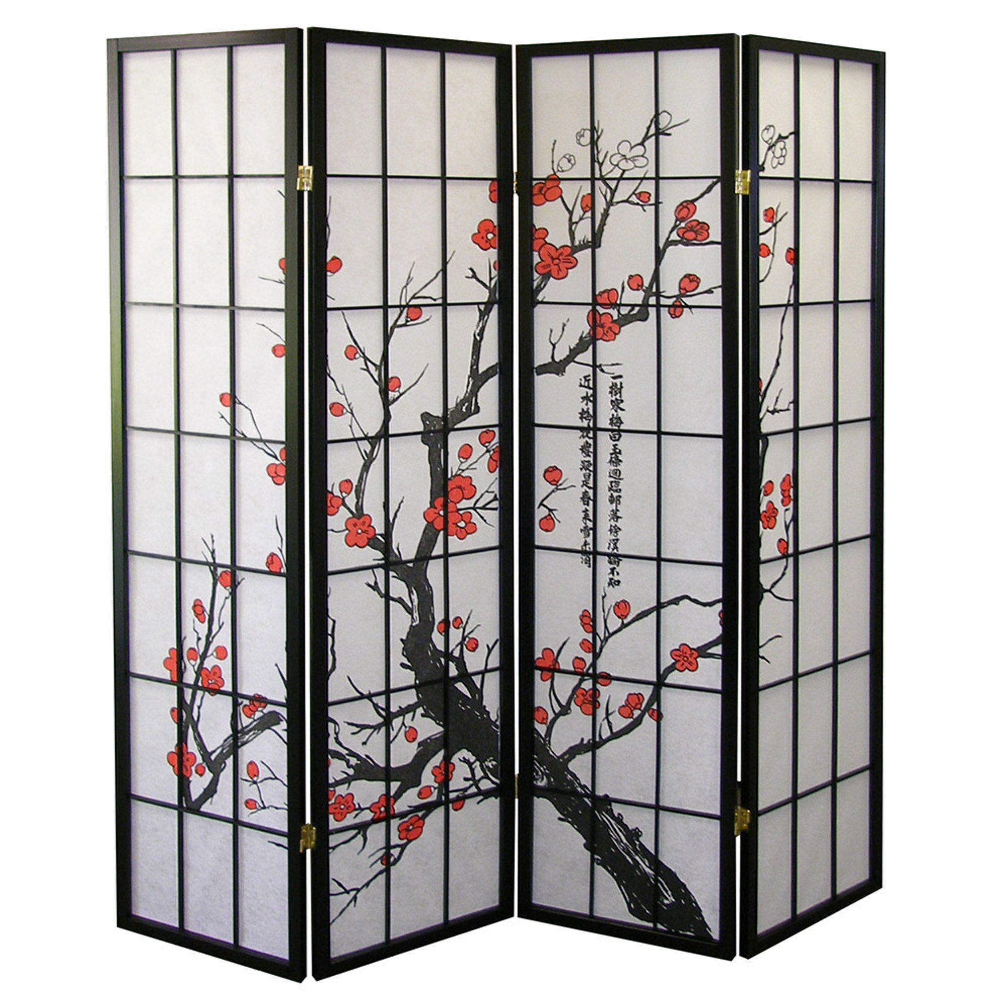 OREInternational R5428-4-A 4-Panel Plum Blossom Screen Room Divider, Black Floral