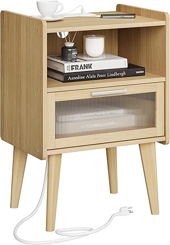 Miniatura 13 de Mesita de noche con estación de carga, mesitas de noche grises, mesa auxiliar con espacio de almacenamiento de 2 niveles, para dormitorio, sala de