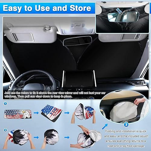 Miniatura 7 de Canvcle Compatible con Jeep Wrangler JL 2018-2023 - Parasol grueso de 3 capas para parabrisas con bandera patriótica de Estados Unidos, bloque de