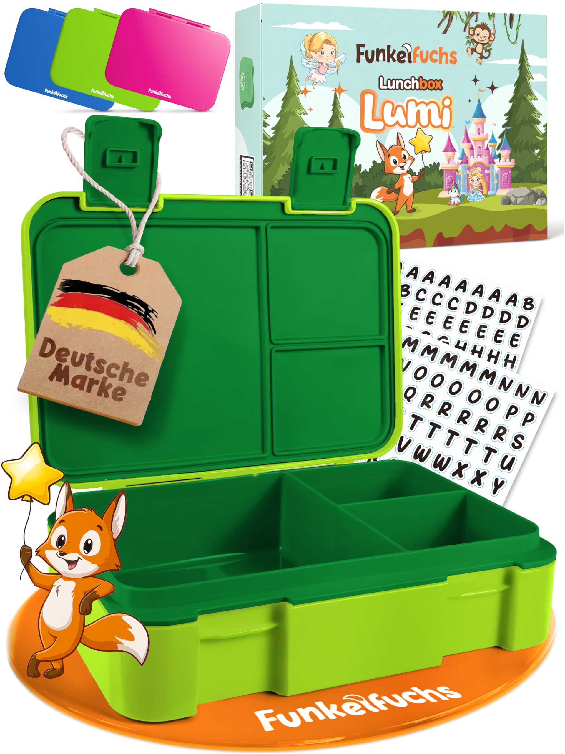 Funkelfuchs LUMI | Brotdose Kinder mit Fächern – 950ml, Grün | Lunchbox BPA-frei für Schule & Kindergarten |Super leicht, nur 350g |Auslaufsicher, Spülmaschinengeeignet | Bento Box, Snackbox, Brotbox