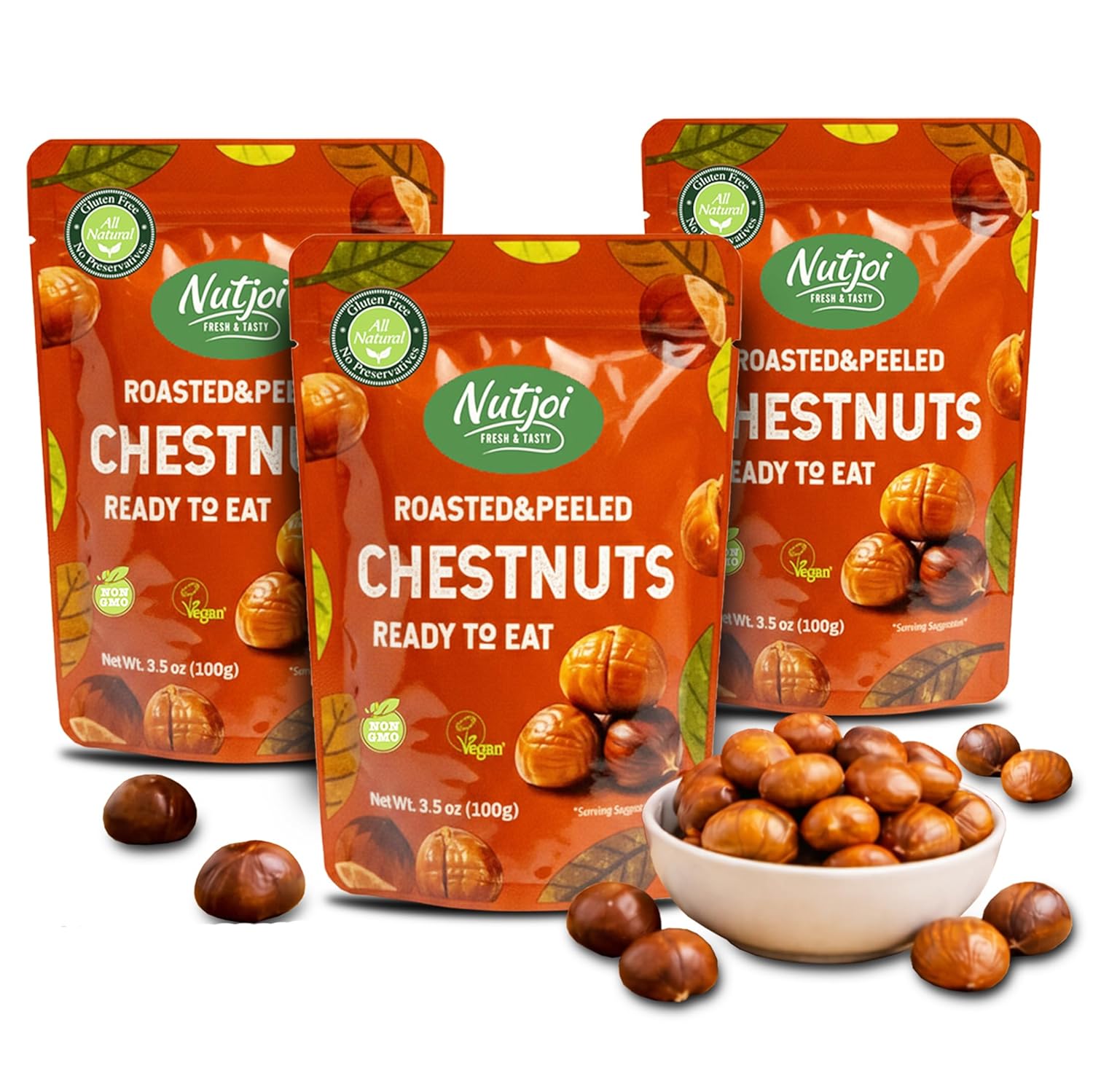 Castañas Asadas Listas para Comer - Snack Vegano Saludable - 3 Paquetes (3.5 oz c/u) - Nutjoi