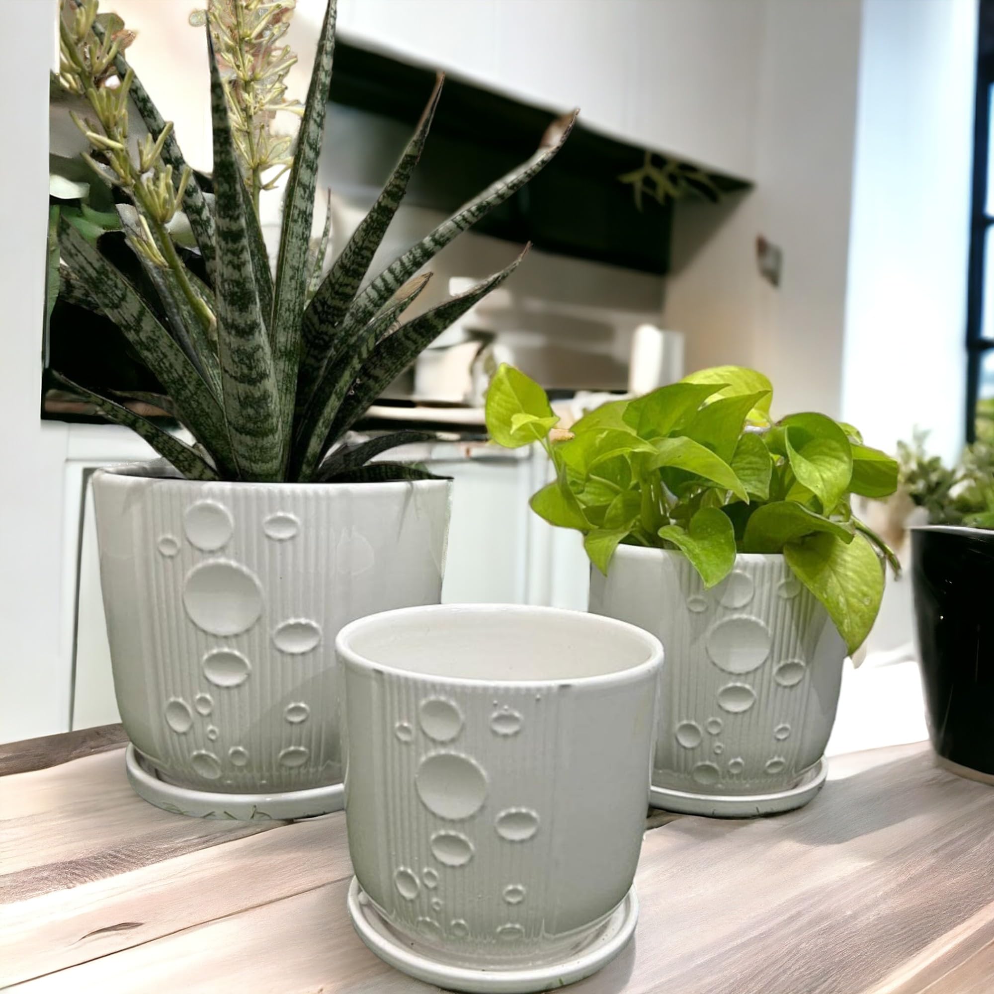Garden Art Ceramic Flower Plant Pots with Saucer, Set of 3 in Different Sizes (21,13,11 cm Dia) Modern Round Ceramic Succulent Planter Pots with White Stripe Texture for Garden (GA71900-W) (B0BN1QBMJQ) Amazon Price History, Amazon Price Tracker