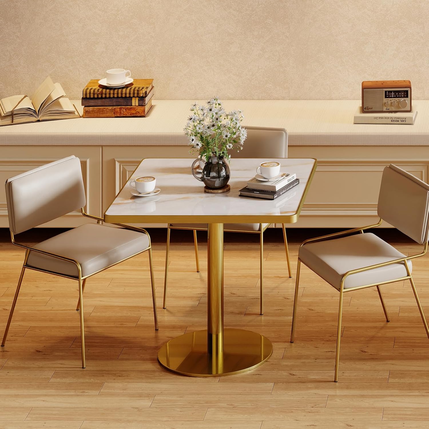 31.5'' Square Modern Dinning Table with Sintered Stone Tabletop, Golden Edge & Pedestal Base, Bistro Tulip Table for 2-4 Person for Dining Room/Cafe/Small Spaces/Restaurant (Crystal Onyx)