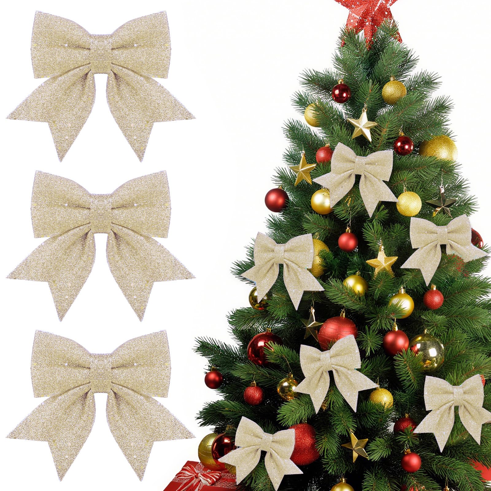 Christmas Bows, 6 Pack Glittering Bows for Christmas Tree 5.5in Wreaths Bows Sequin Bow Ties Ornaments for Xmas Tree Wreaths Garland Gift Wrapping Decor (Champagne Gold)