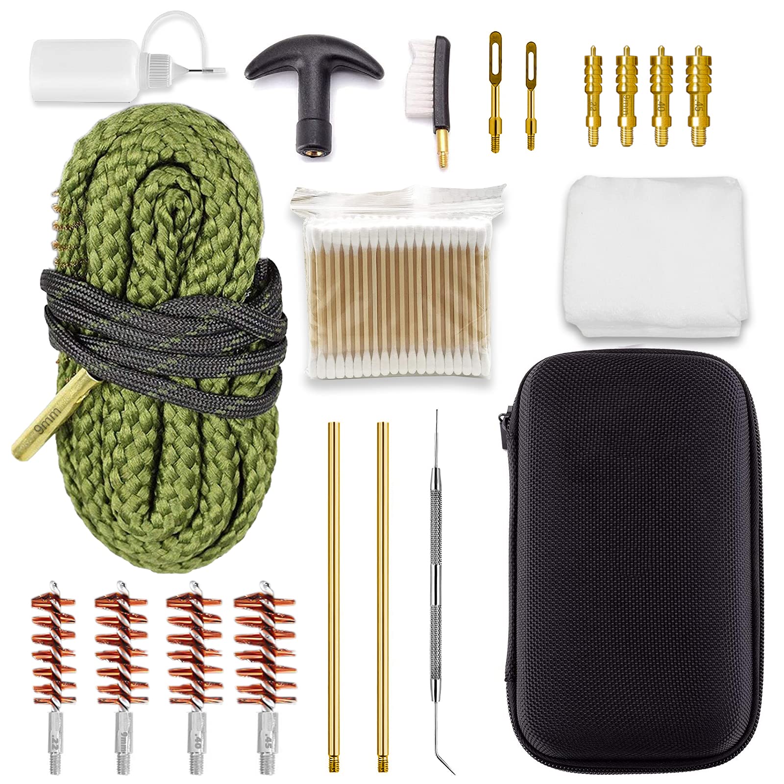 Gun Cleaning Kit 19 in 1 with Special 9mm Handgun Snake .22 .38 9mm .40 .45 Caliber Pistol Bronze Bore Brush and Brass Jag Adapter,100Pcs 3" Cotton Swabs Empty Bottle by DINGDOON