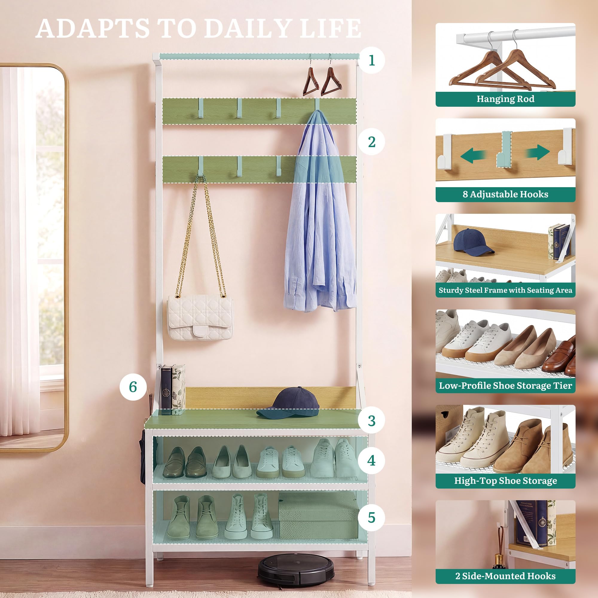 YITAHOME Appendiabiti a 2 ripiani, con porta scarpe, stand appendiabiti, industriale, con 9 ganci per corridoio, soggiorno, camera da letto, telaio in metallo