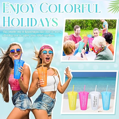 Miniatura 3 de Dandat 72 vasos inspiradores de agradecimiento, de 24 onzas, coloridos vasos con tapa y pajilla, vasos de plástico reutilizables, regalo de