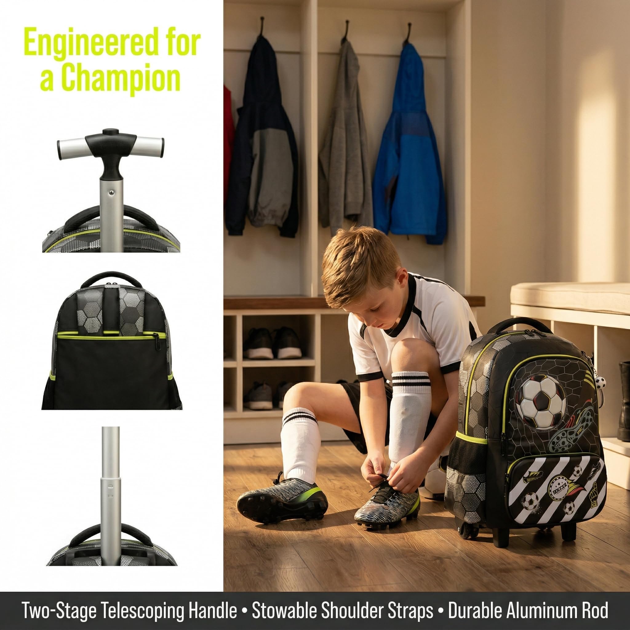 Kinder Rucksack mit Rollen für Jungen die Schule Fußball Koffer Schultrolley Komplett mit Lunchbag Federmäppchen Sätze Geeignet Grundschüler Jugendliche 4-10 Jahre Alt Schwarz
