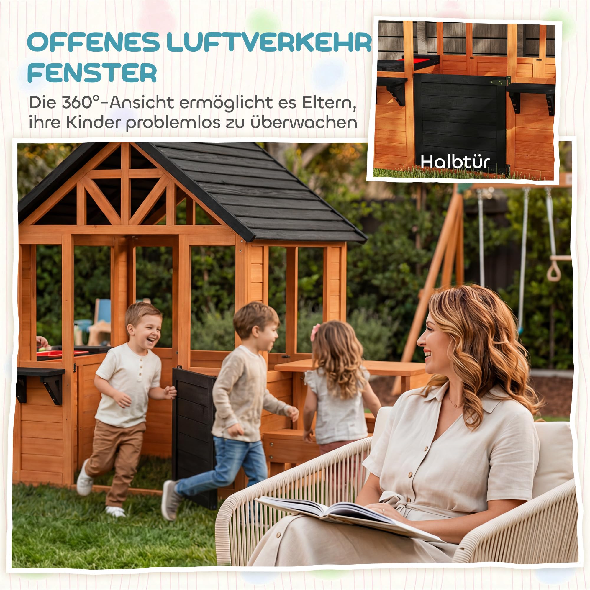 AIYAPLAY Spielhaus Outdoor Kinderspielhaus aus Holz mit Tisch Bank Spülstation Fenster Tür Blumenkastenhalter Gartenhaus für Jungen und Mädchen 3-8 Jahre für Outdoor & Indoor Hellbraun