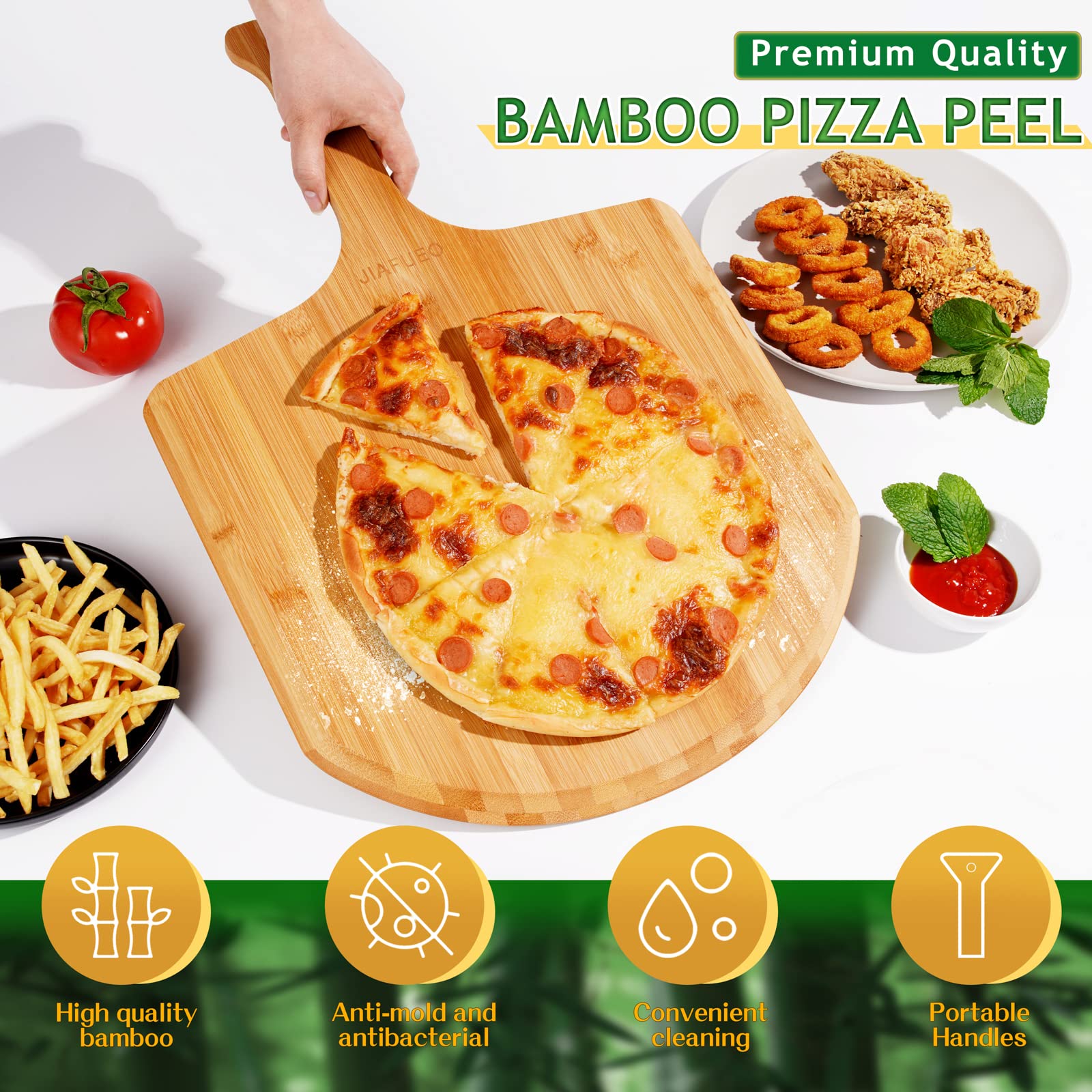 Pizza Peel, 15" Pizza Spatula Cutting Board Large Size Premium Bamboo Turning Pizza Peel with Comfy Handle Professional Oven Accessories Supplies for Home Bakery Baking Pizza Bread Cutting Fruit